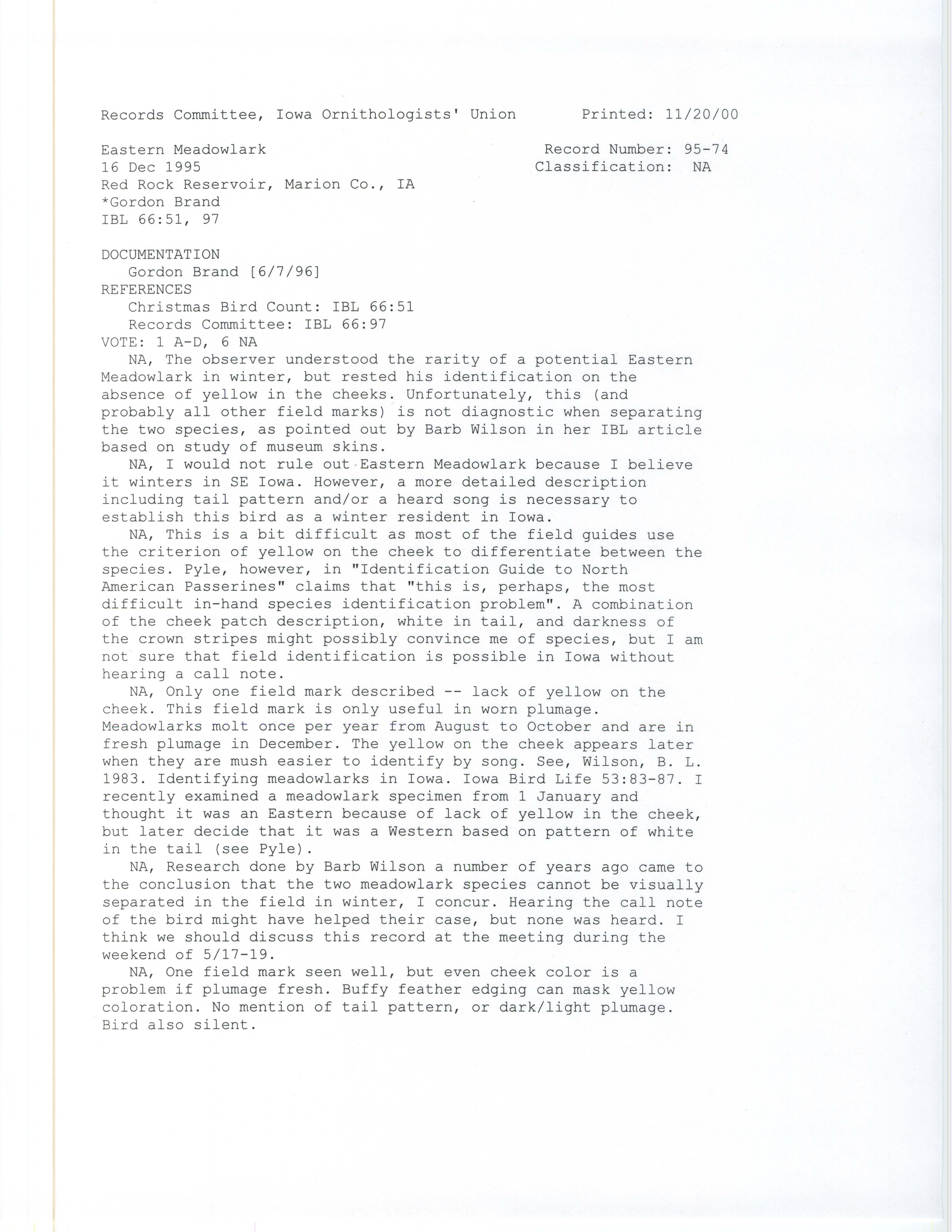 Records Committee review for rare bird sighting for Eastern Meadowlark at Red Rock Reservoir, 1995