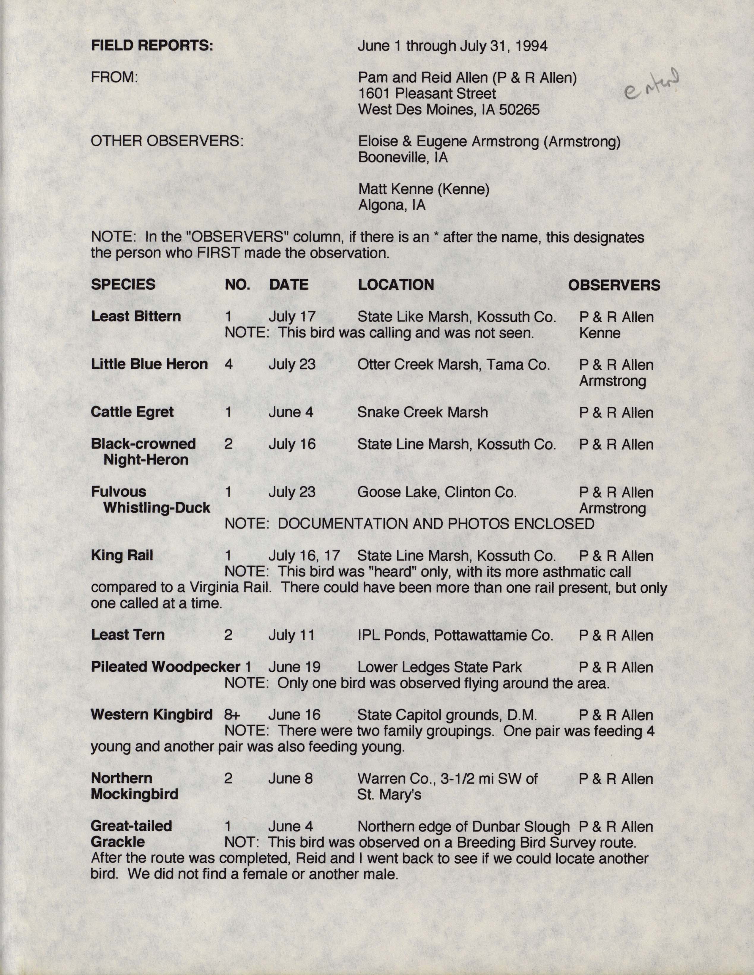 Field reports, June 1 through July 31, 1994, Pam and Reid Allen