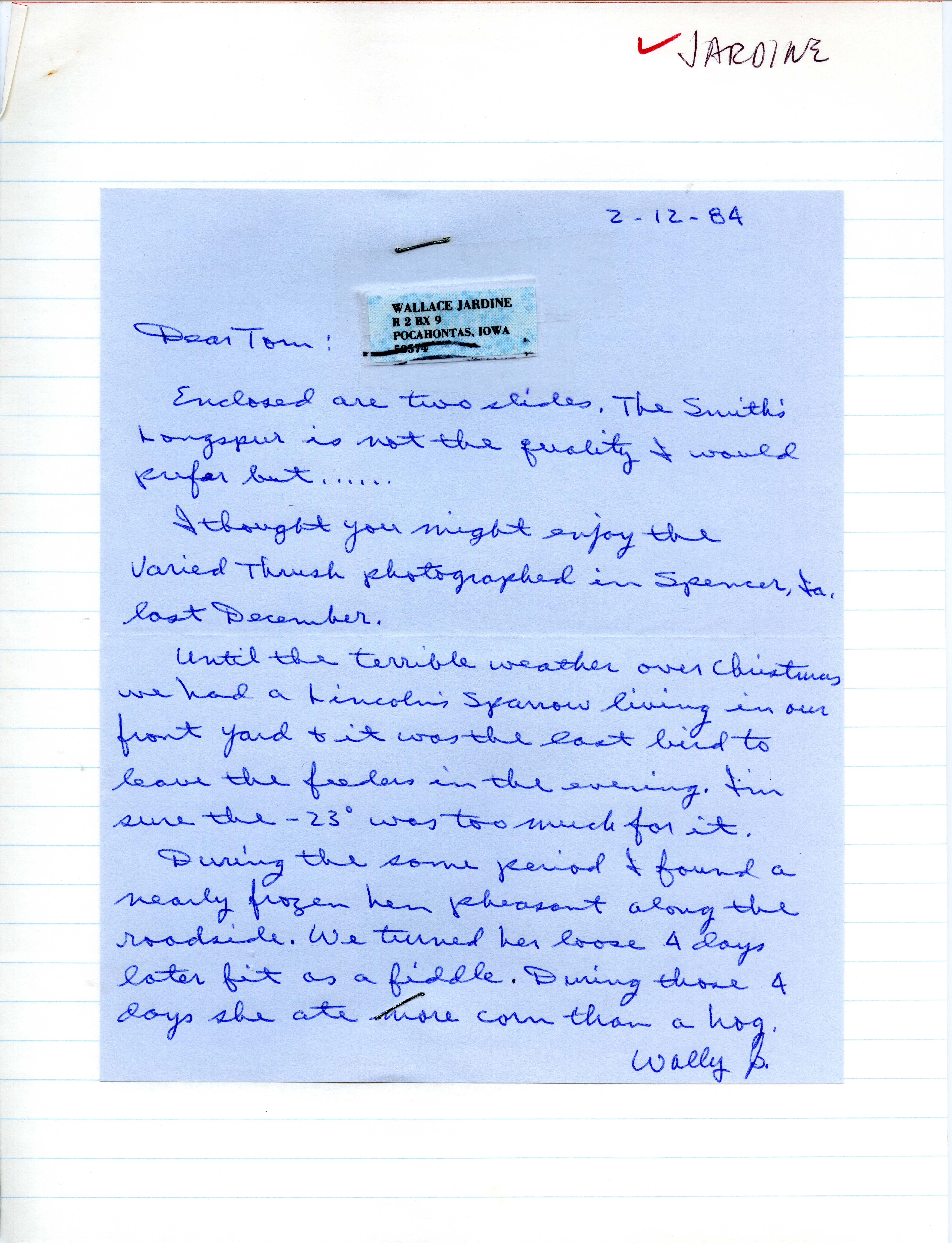 Wallace E. Jardine letter to Thomas H. Kent regarding bird sightings around Pocahontas, Iowa, February 12, 1984