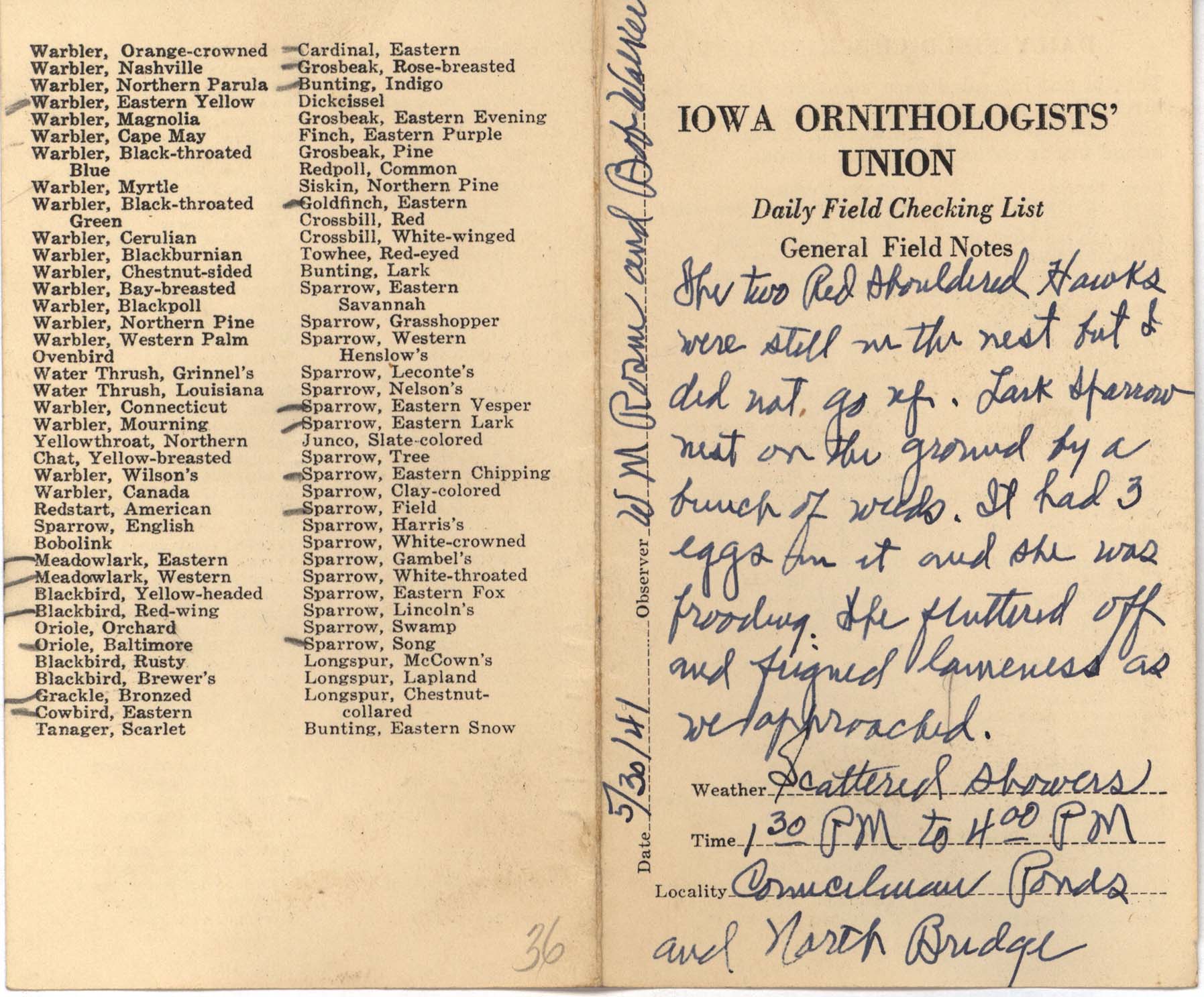 Daily field checking list by Walter Rosene, May 30, 1941