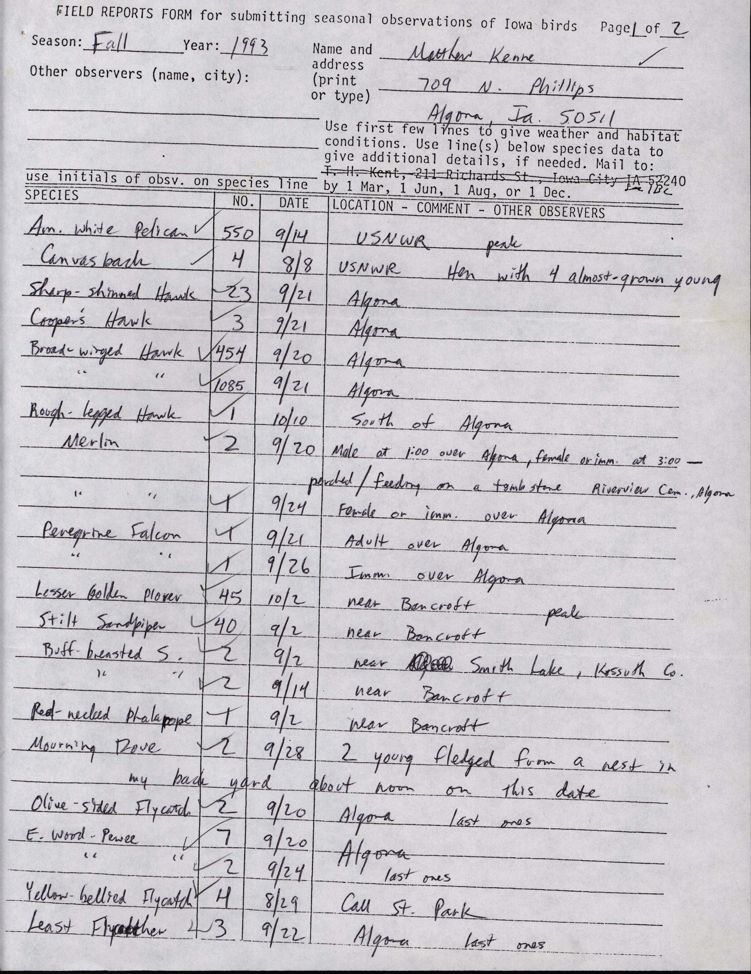 Field reports form for submitting seasonal observations of Iowa birds, Matthew Kenne, fall 1993