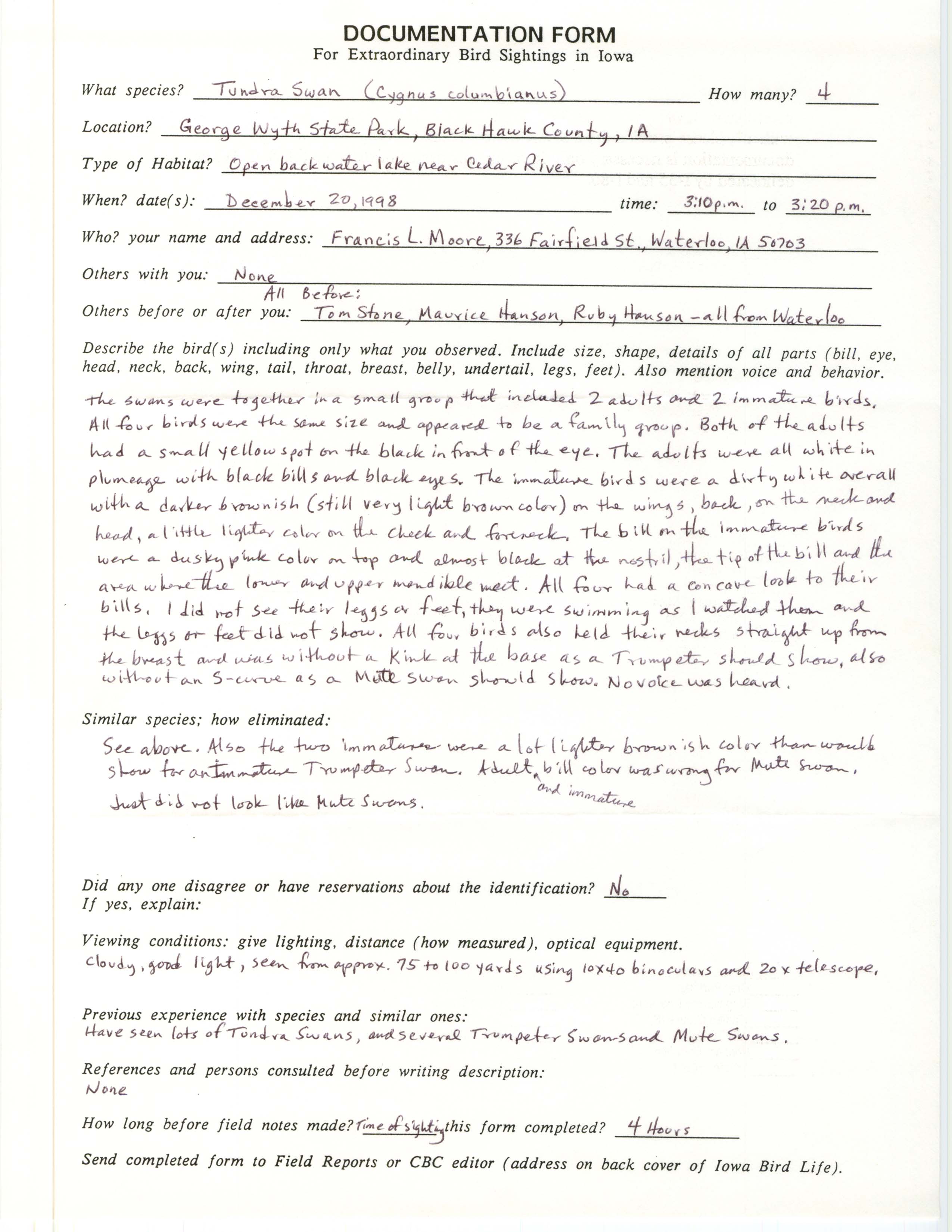 Rare bird documentation form for Tundra Swan at George Wyth State Park, 1998