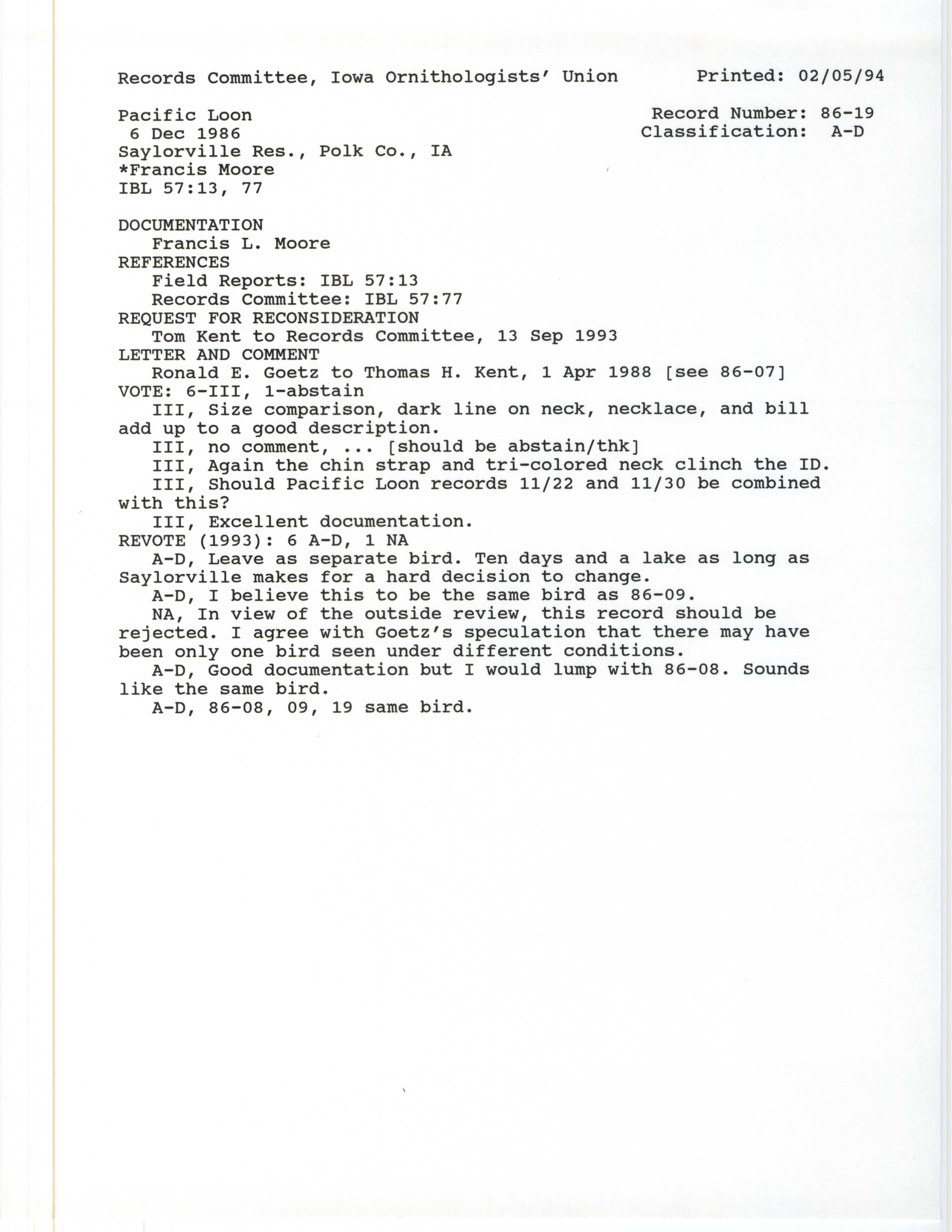 Record Committee review for rare bird sighting of Pacific Loon at Saylorville Reservoir, 1986