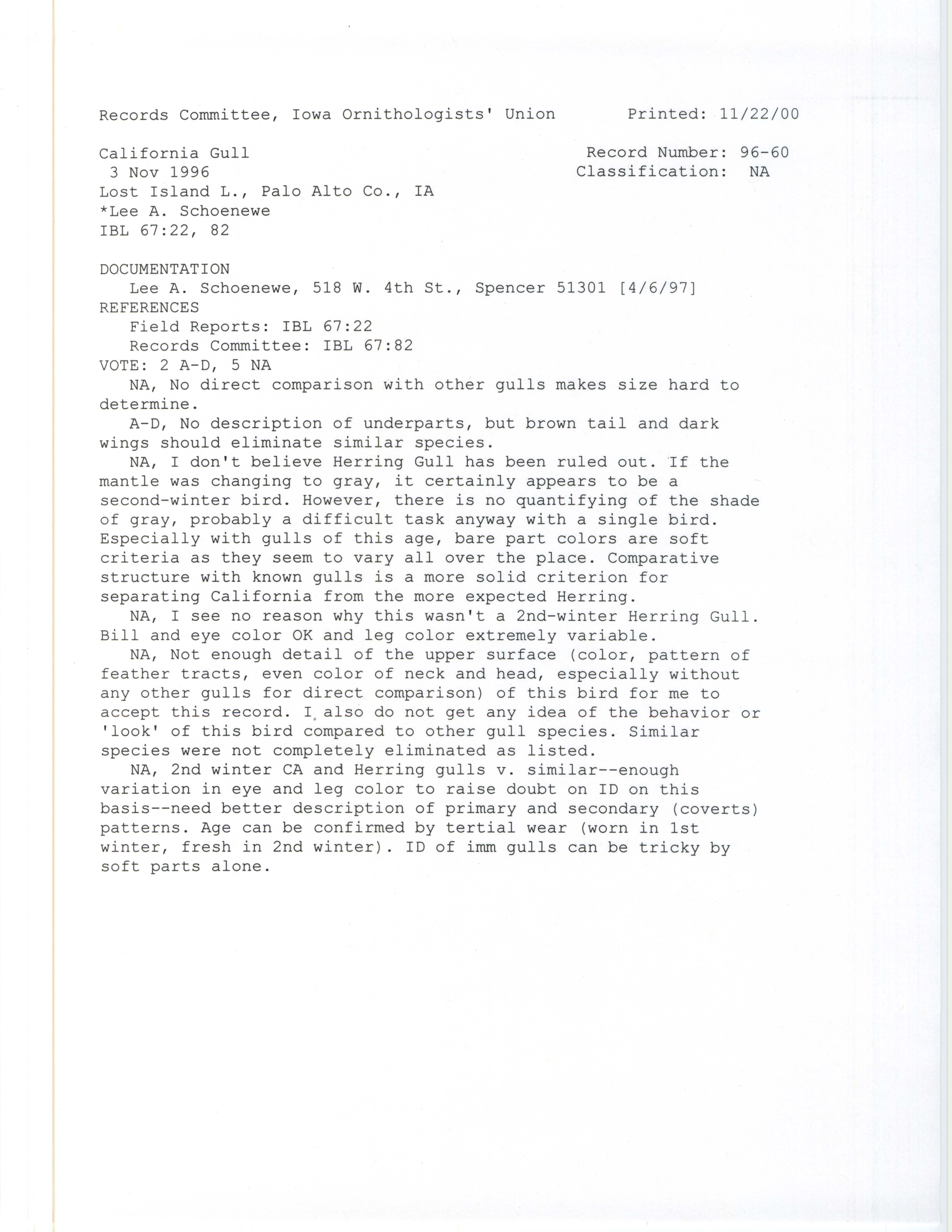 Records Committee review for rare bird sighting of California Gull at Lost Island Lake, 1996