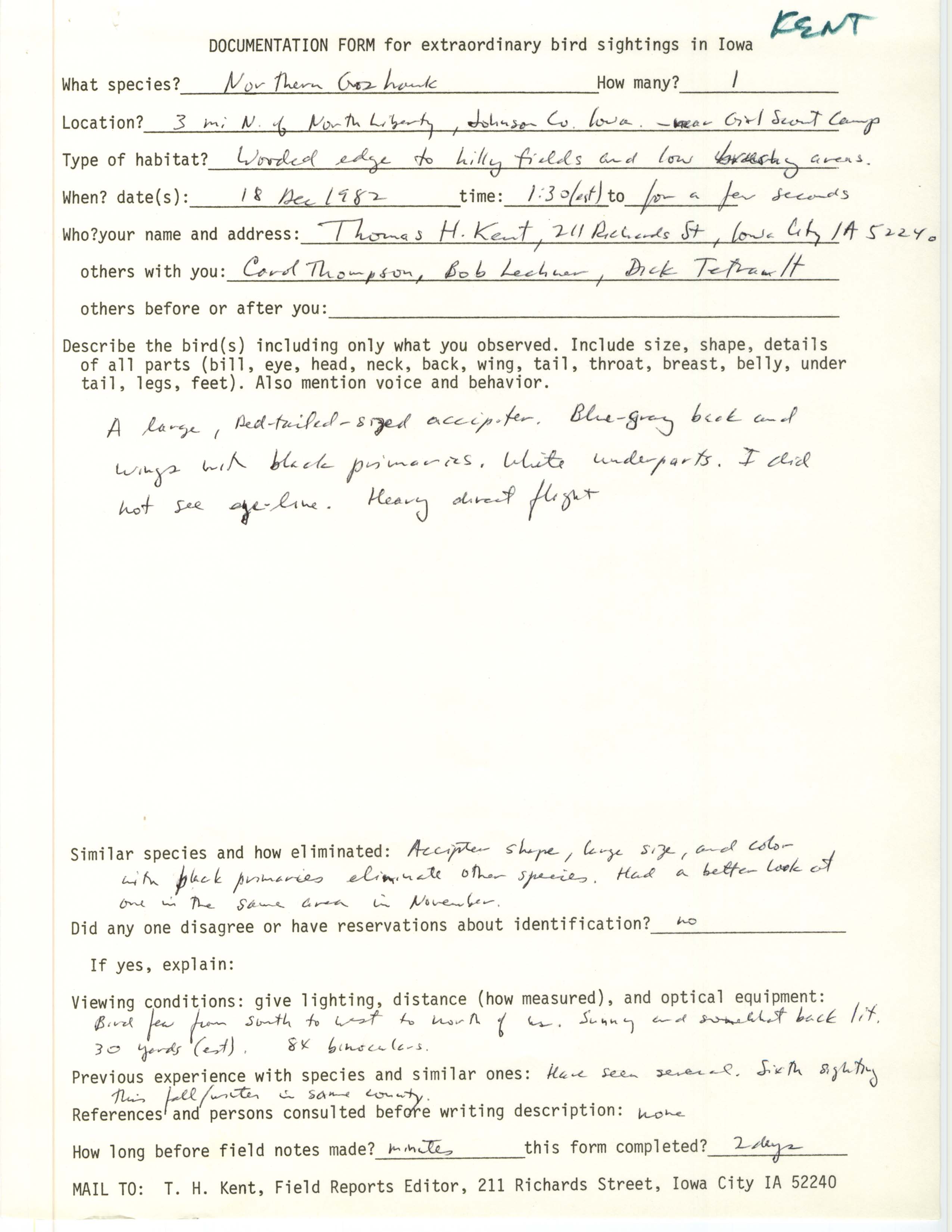 Rare bird documentation form for Northern Goshawk at North Liberty, 1982