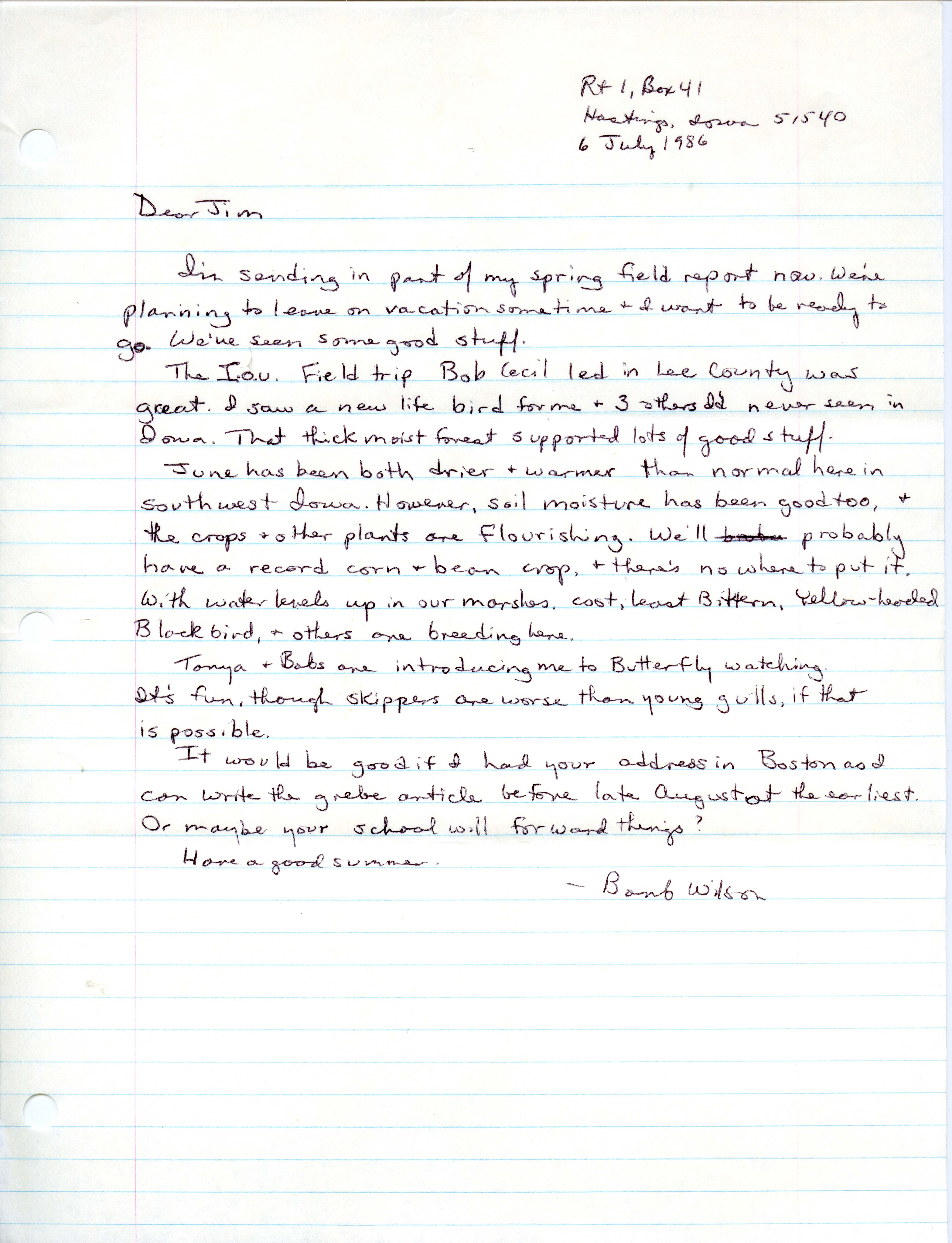 Field notes contributed by Barbara L. Wilson, July 6, 1986