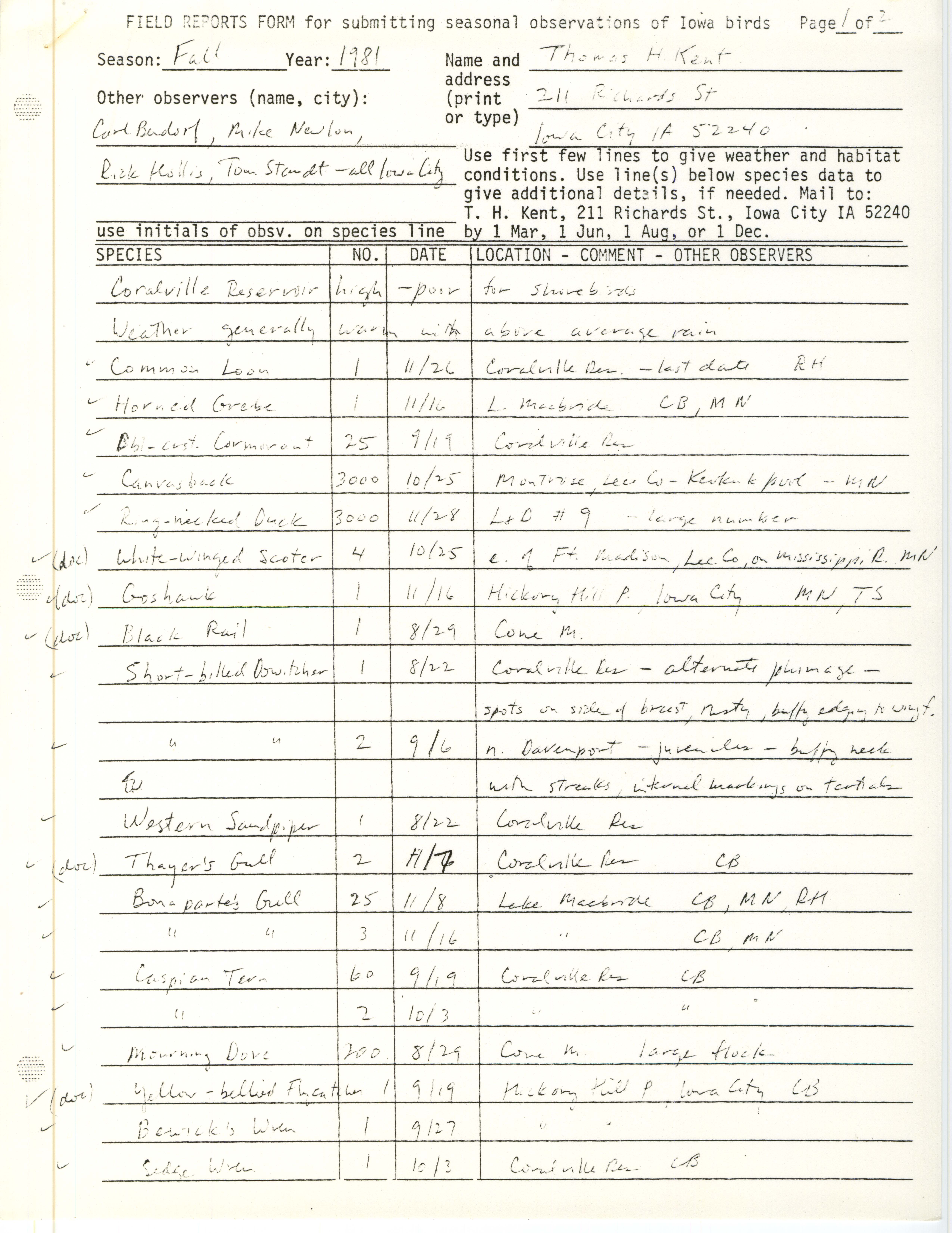 Field notes contributed by Thomas H. Kent with verifying documentation, fall 1981