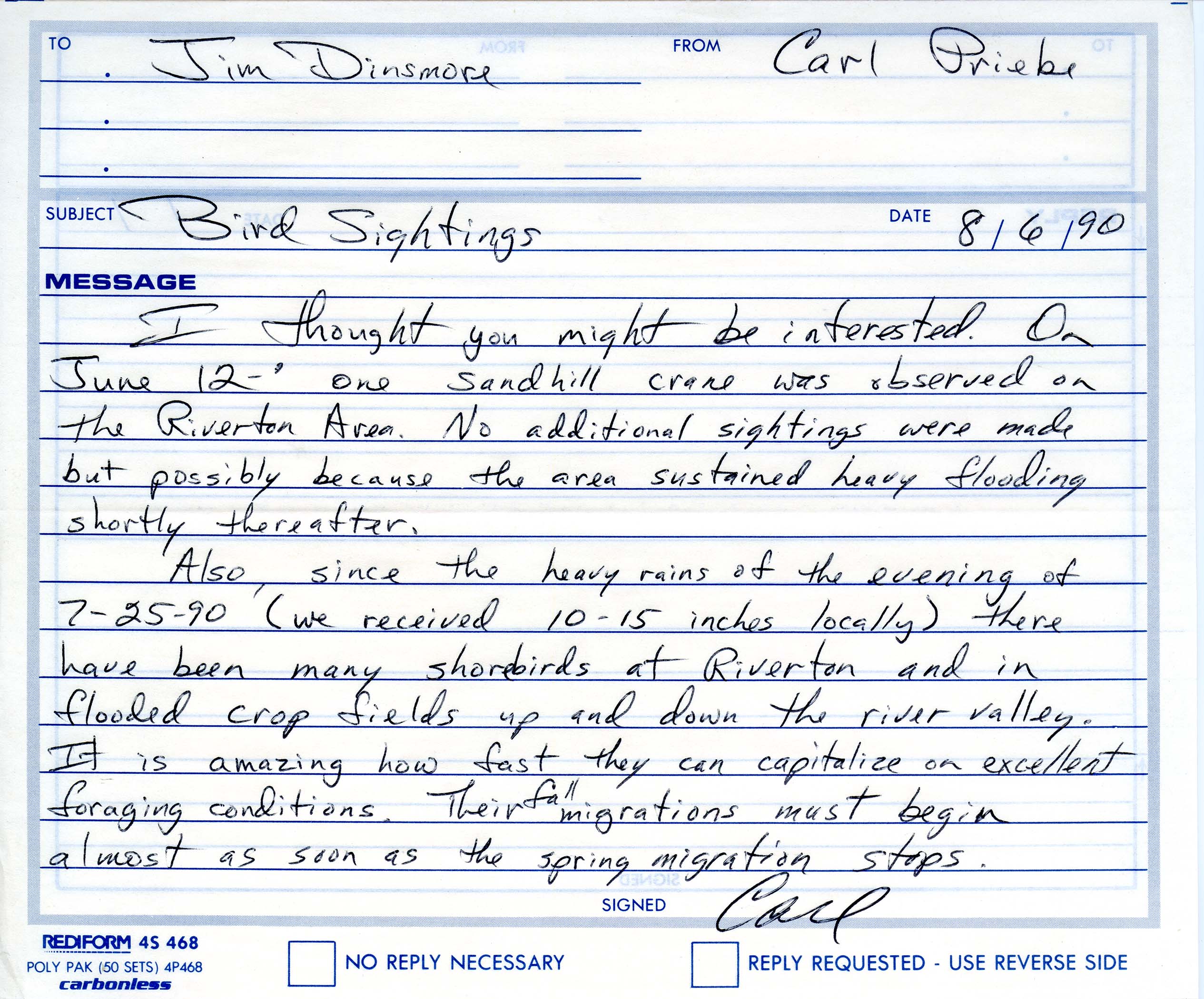 Carl Priebe letter to Jim Dinsmore regarding bird sighting for the IOU quarterly field report summer 1990, August 6, 1990