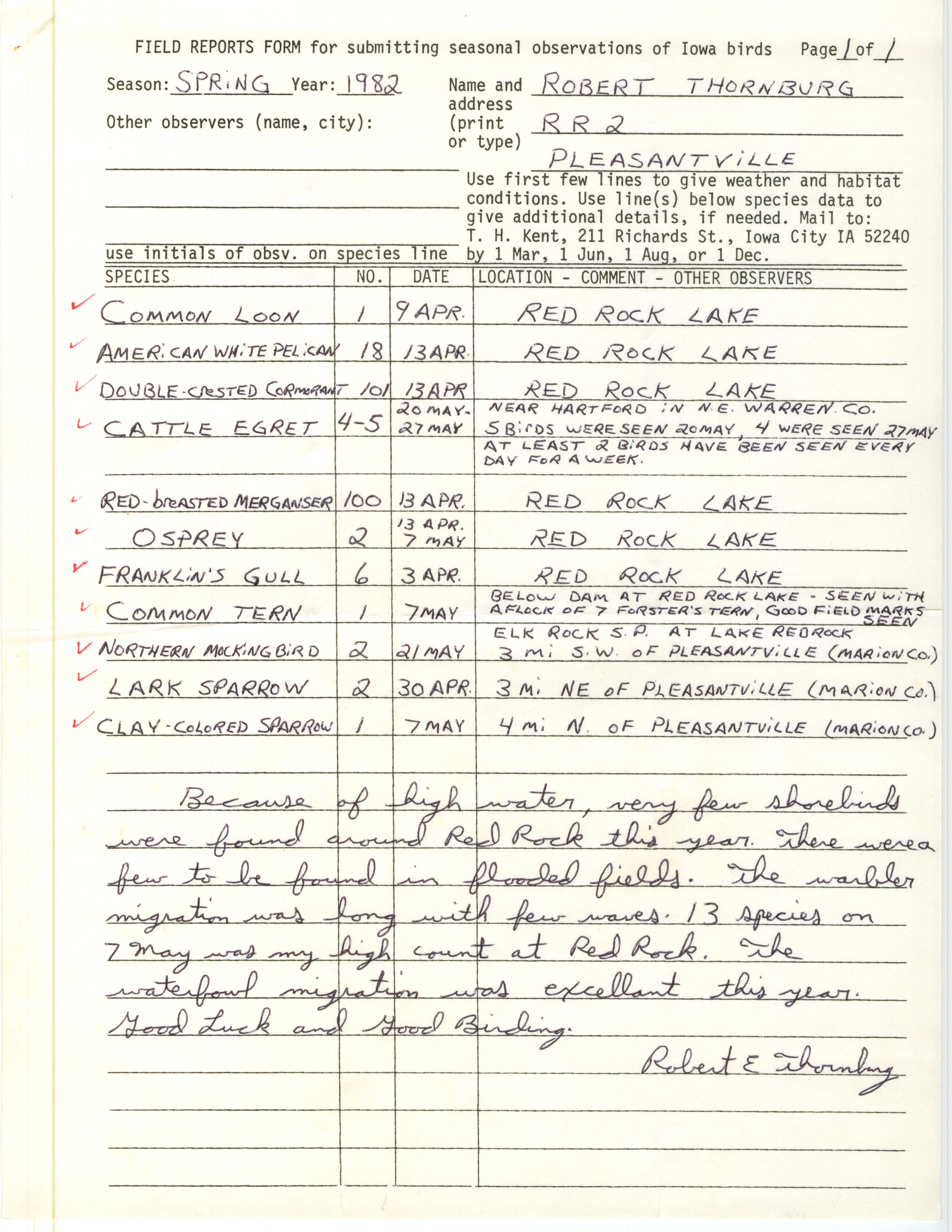 Field notes contributed by Robert E. Thornburg, spring 1982