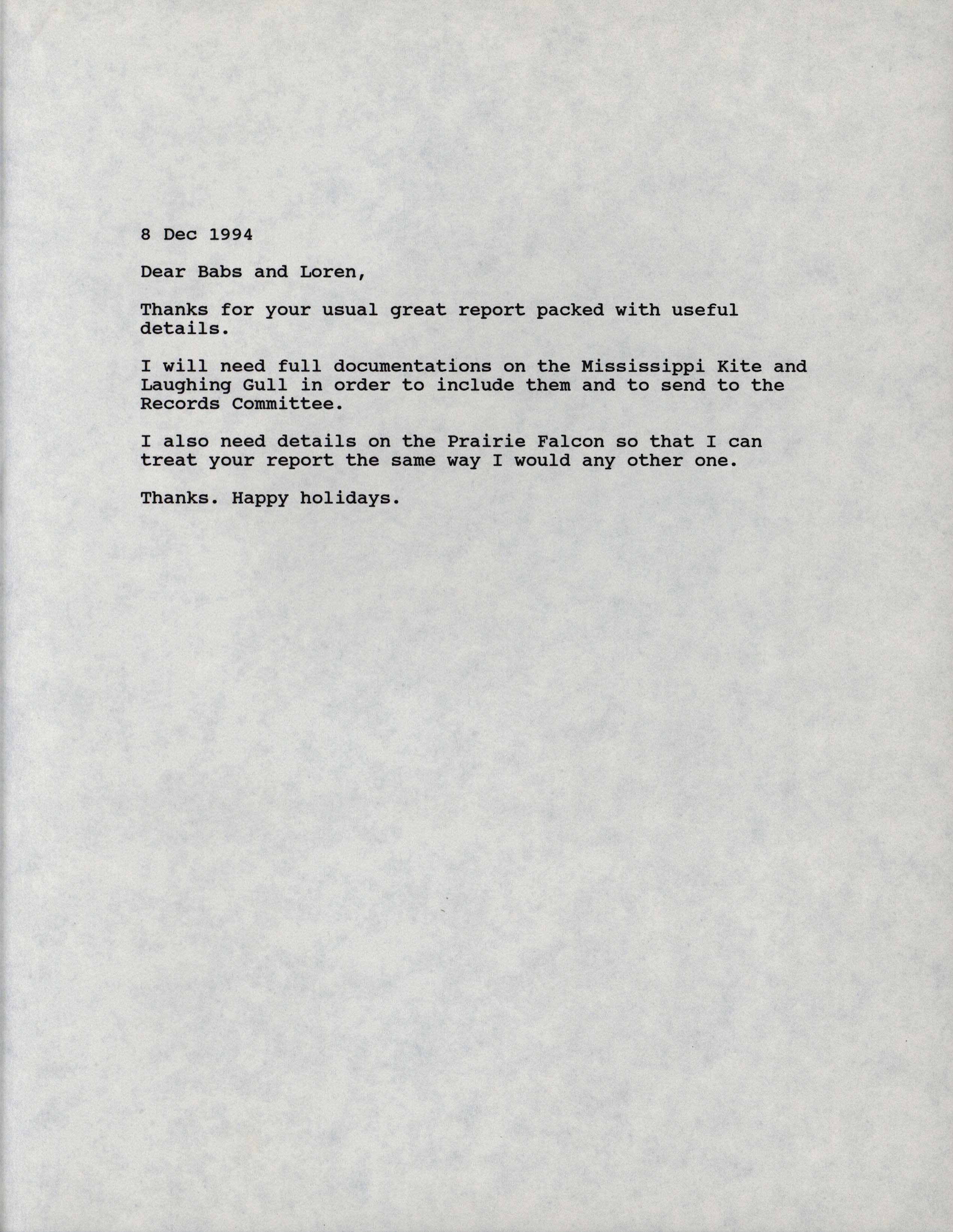 Thomas Kent letter to Babs and Loren Padelford regarding needed documentation, December 8, 1994