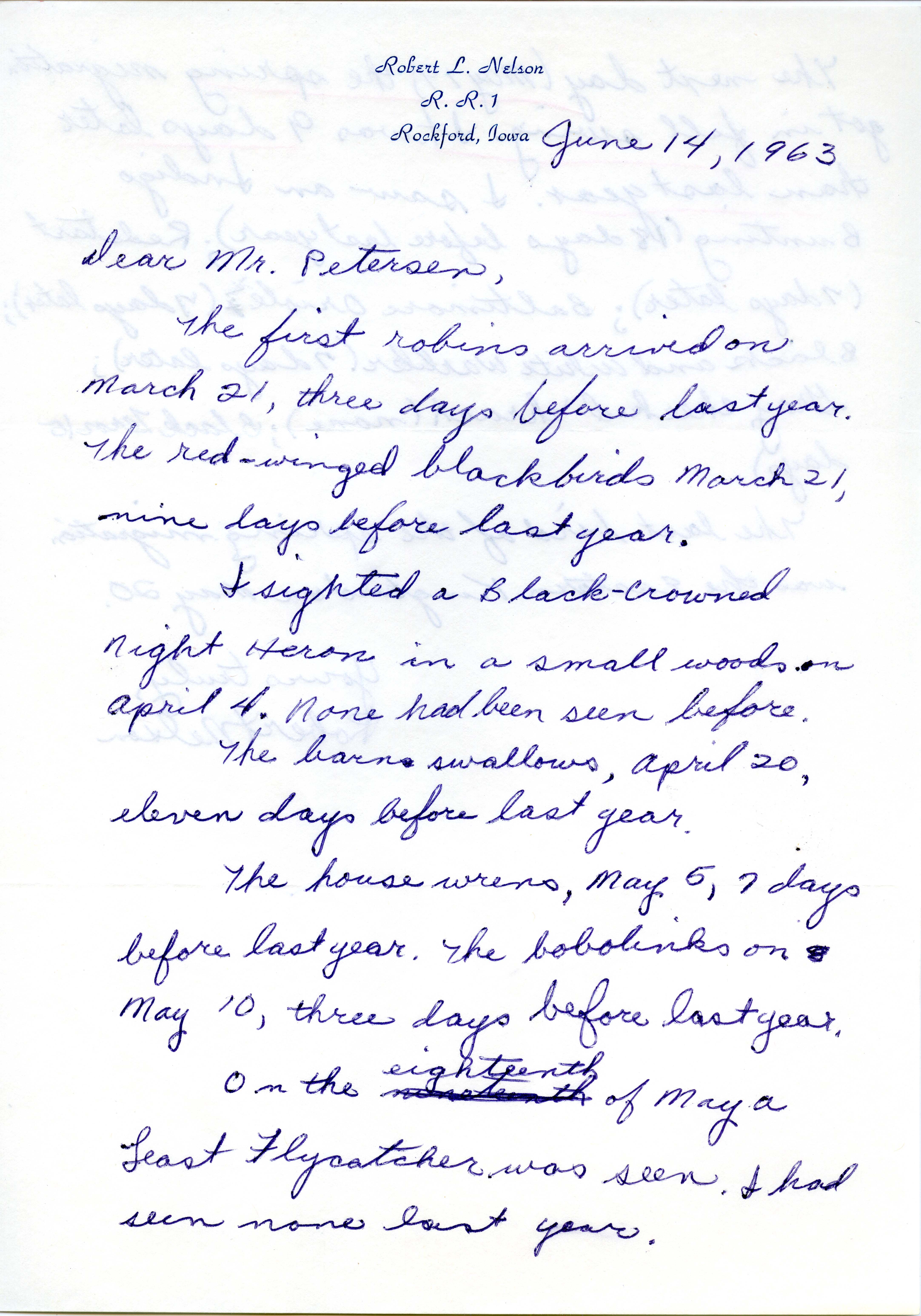 Robert L. Nelson letter to Peter C. Petersen regarding spring migration, June 14, 1963