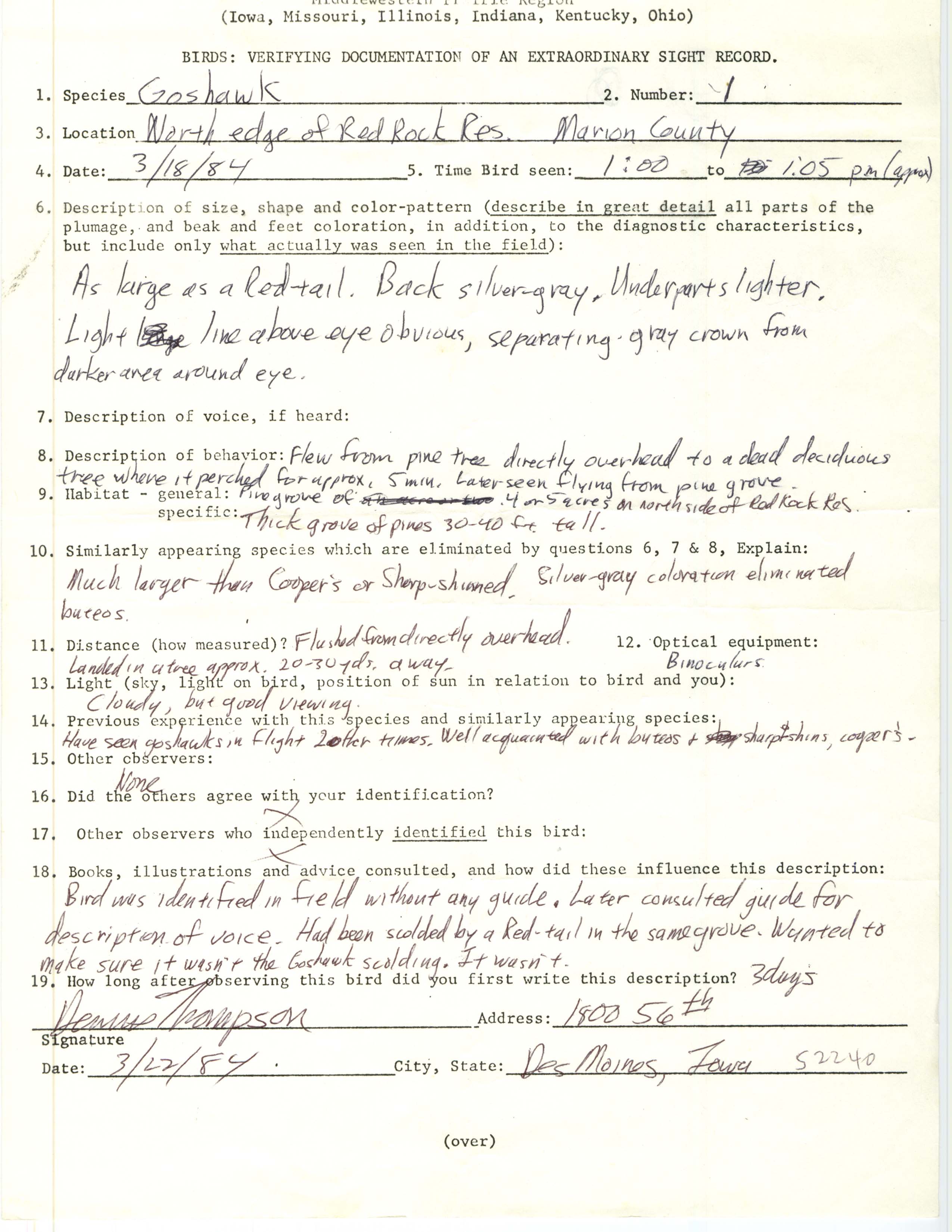 Rare bird documentation form for Northern Goshawk at Red Rock Reservoir, 1984