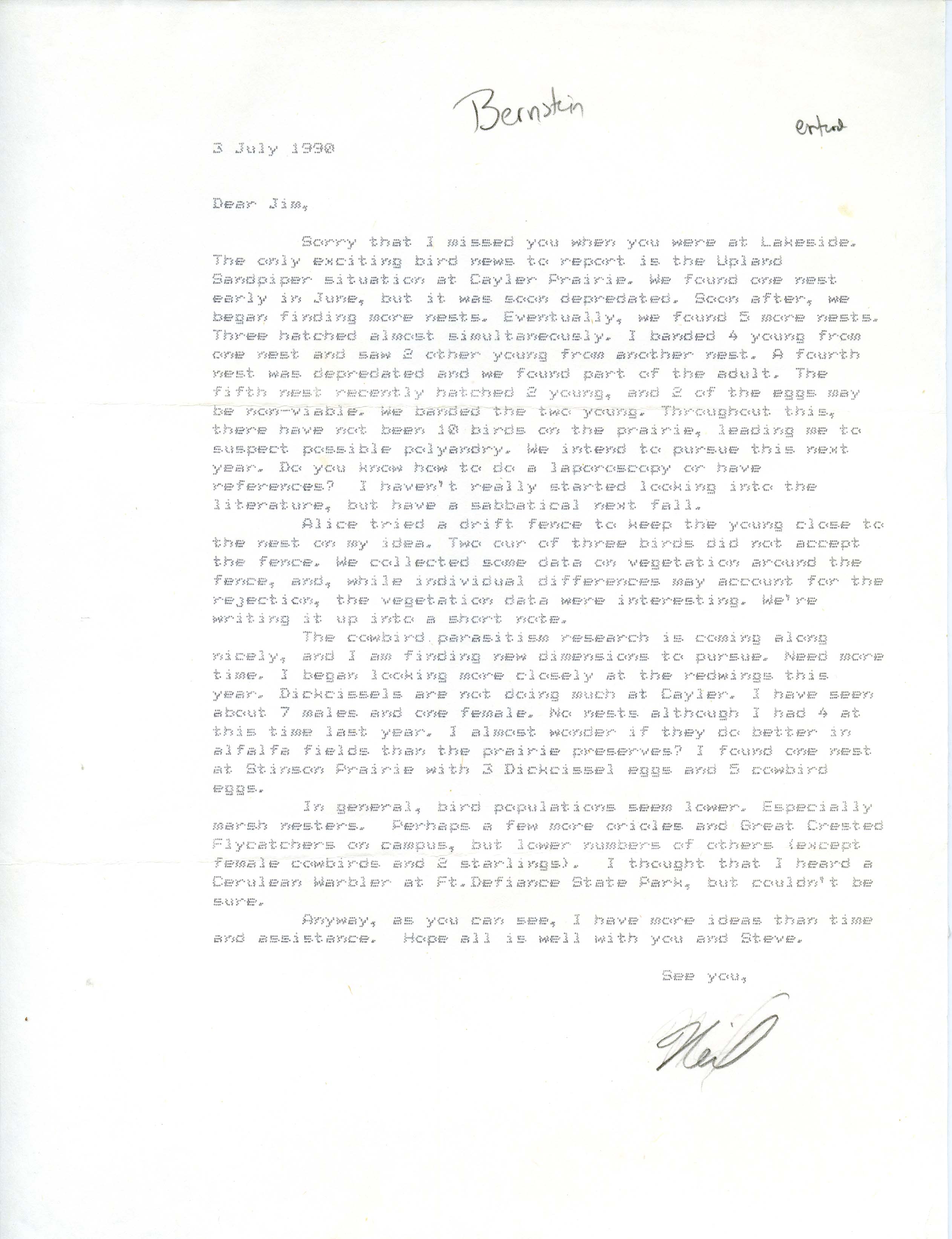 Neil Bernstein letter to Jim Dinsmore regarding bird sightings for IOU quarterly field report for summer 1990, July 3, 1990