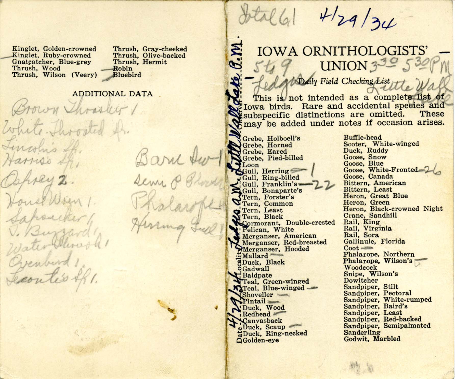 Daily field checking list, Walter Rosene, April 29, 1934