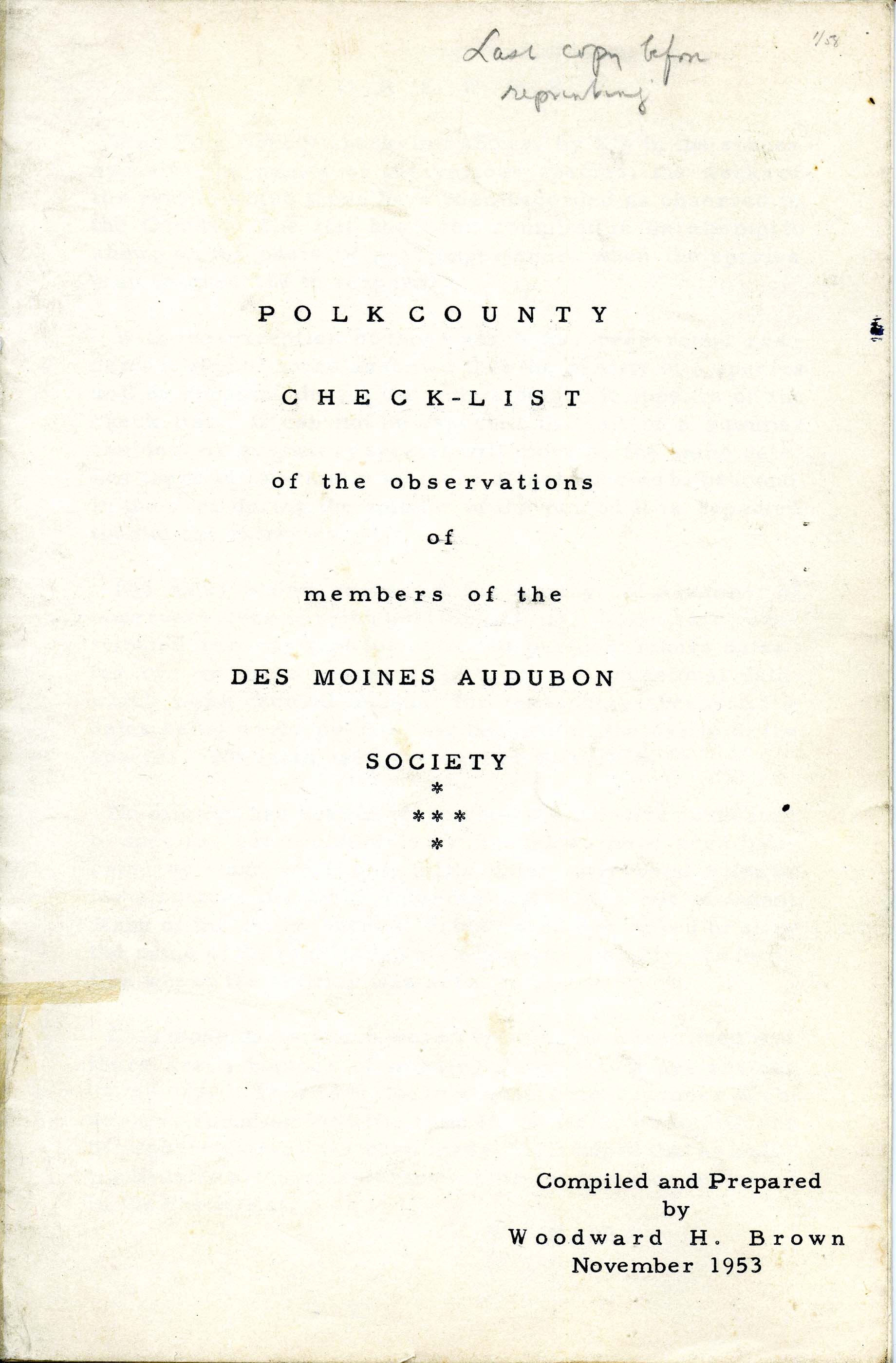 Annotated copy of Polk County check-list of the observations of members of the Des Moines Audubon Society, 1953