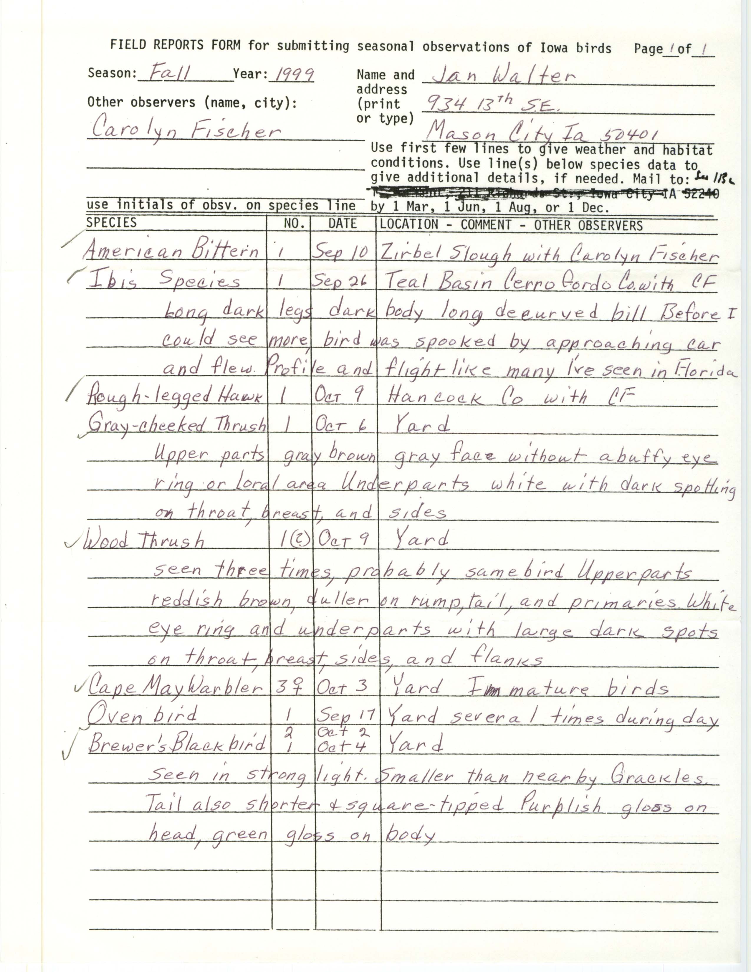 Field reports form for submitting seasonal observations of Iowa birds, fall 1999, Jan Walter