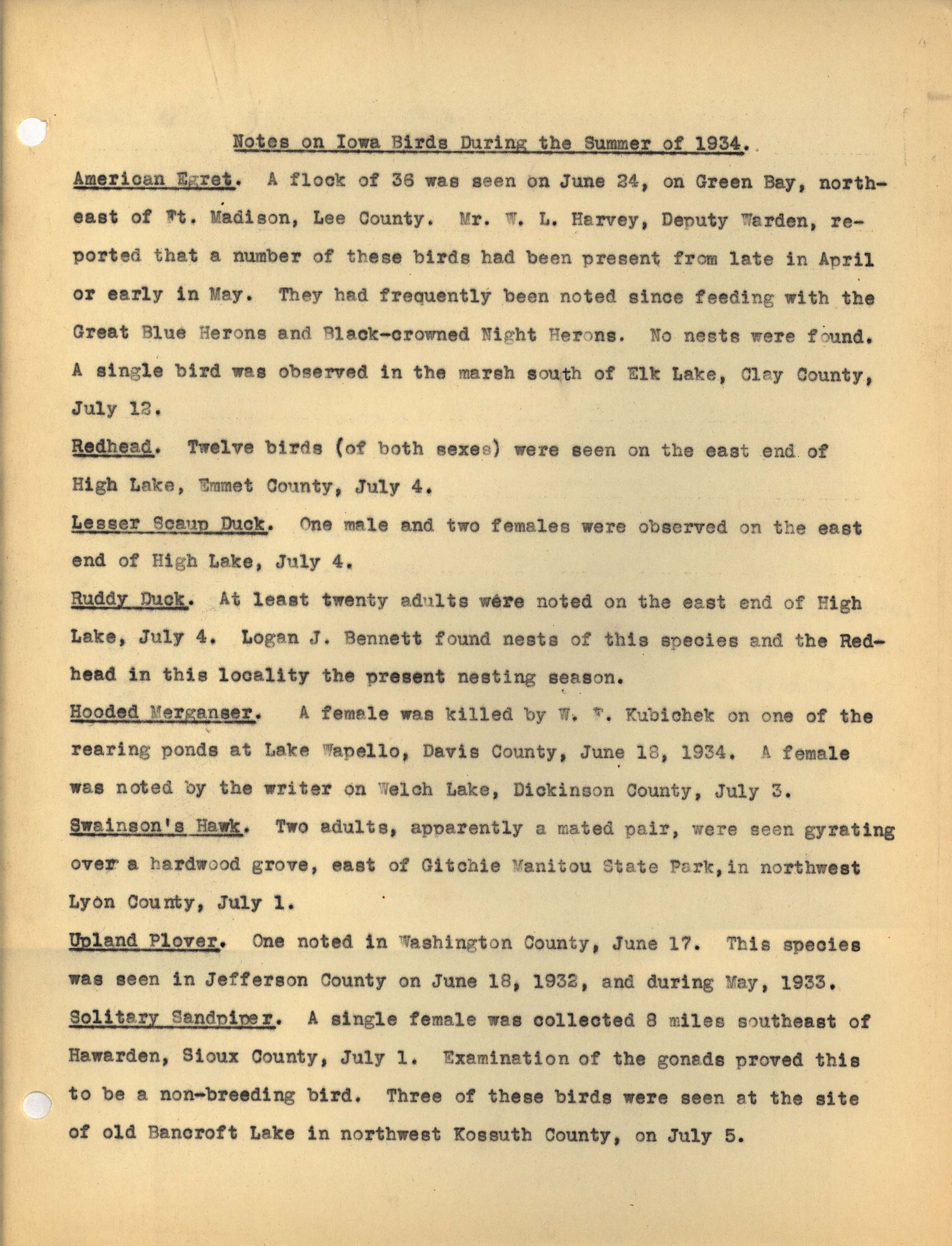 Notes on Iowa birds during the summer of 1934
