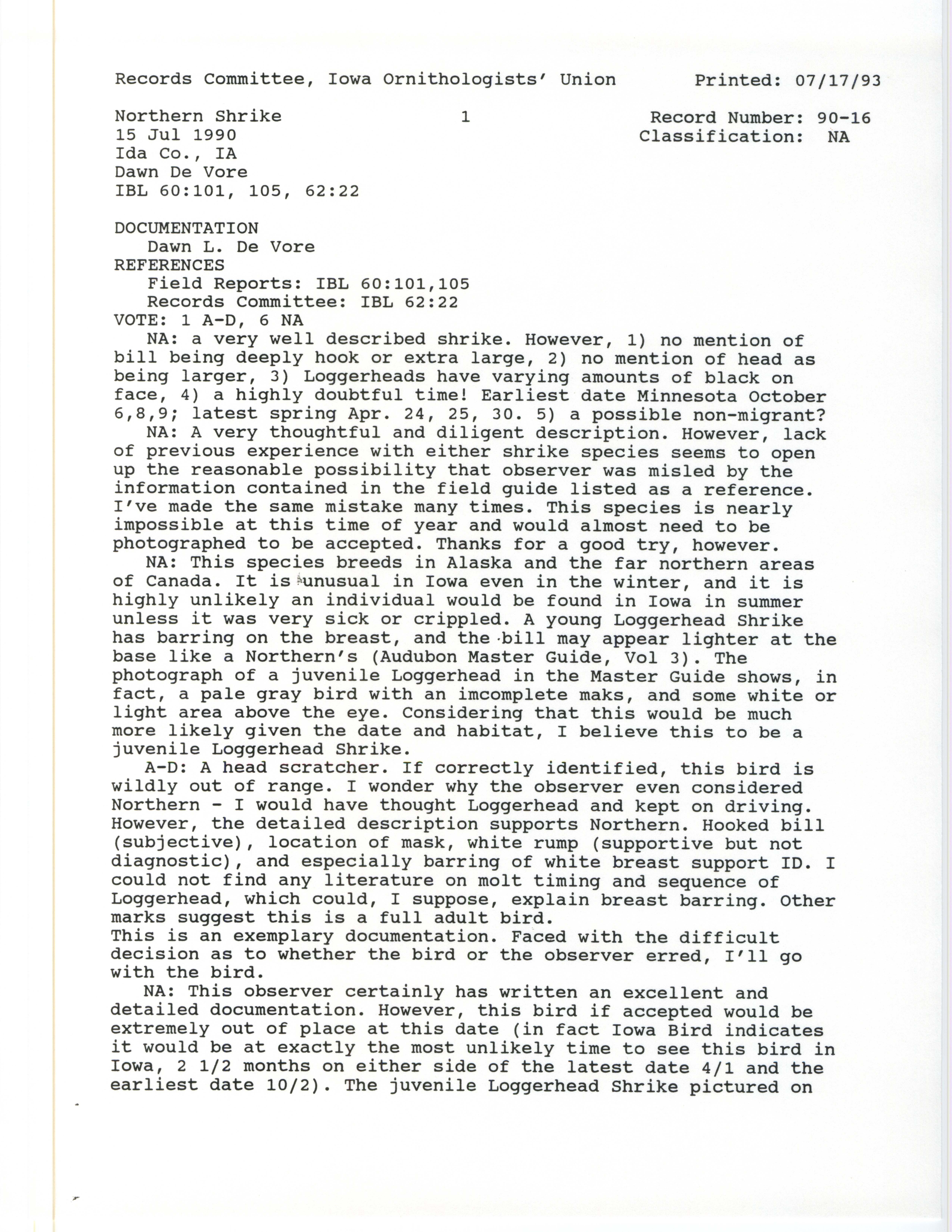 Records Committee review for rare bird sighting for Northern Shrike near Battle Creek, 1990