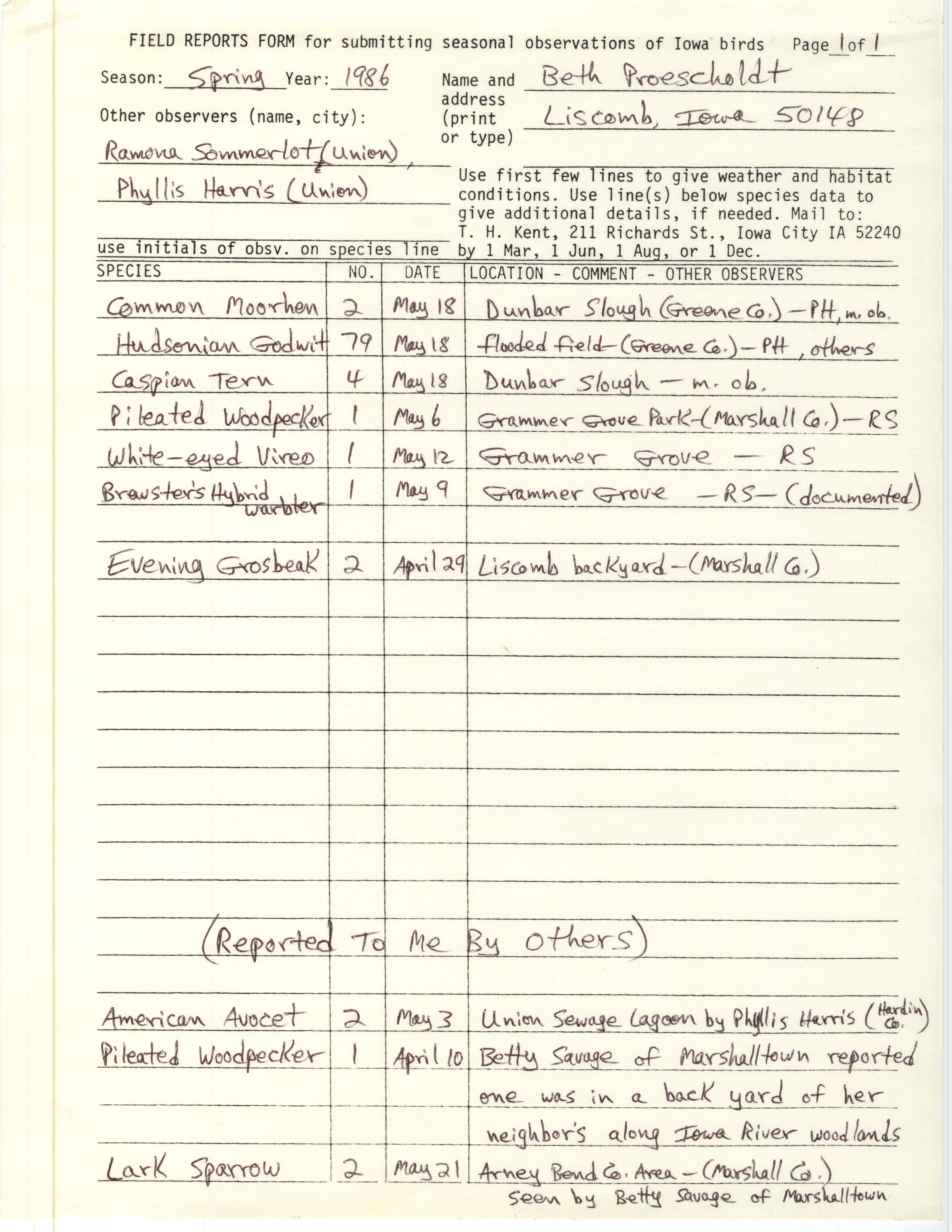 Field reports form for submitting seasonal observations of Iowa birds, Beth Proescholdt, Spring 1986