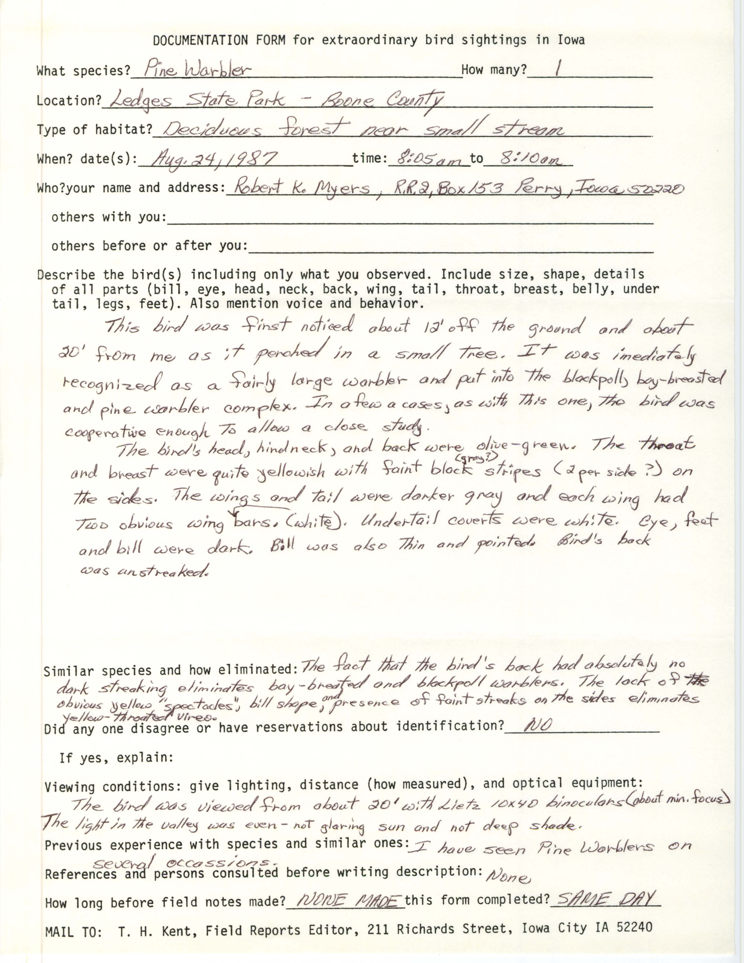 Rare bird documentation form for Pine Warbler at Ledges State Park, 1987