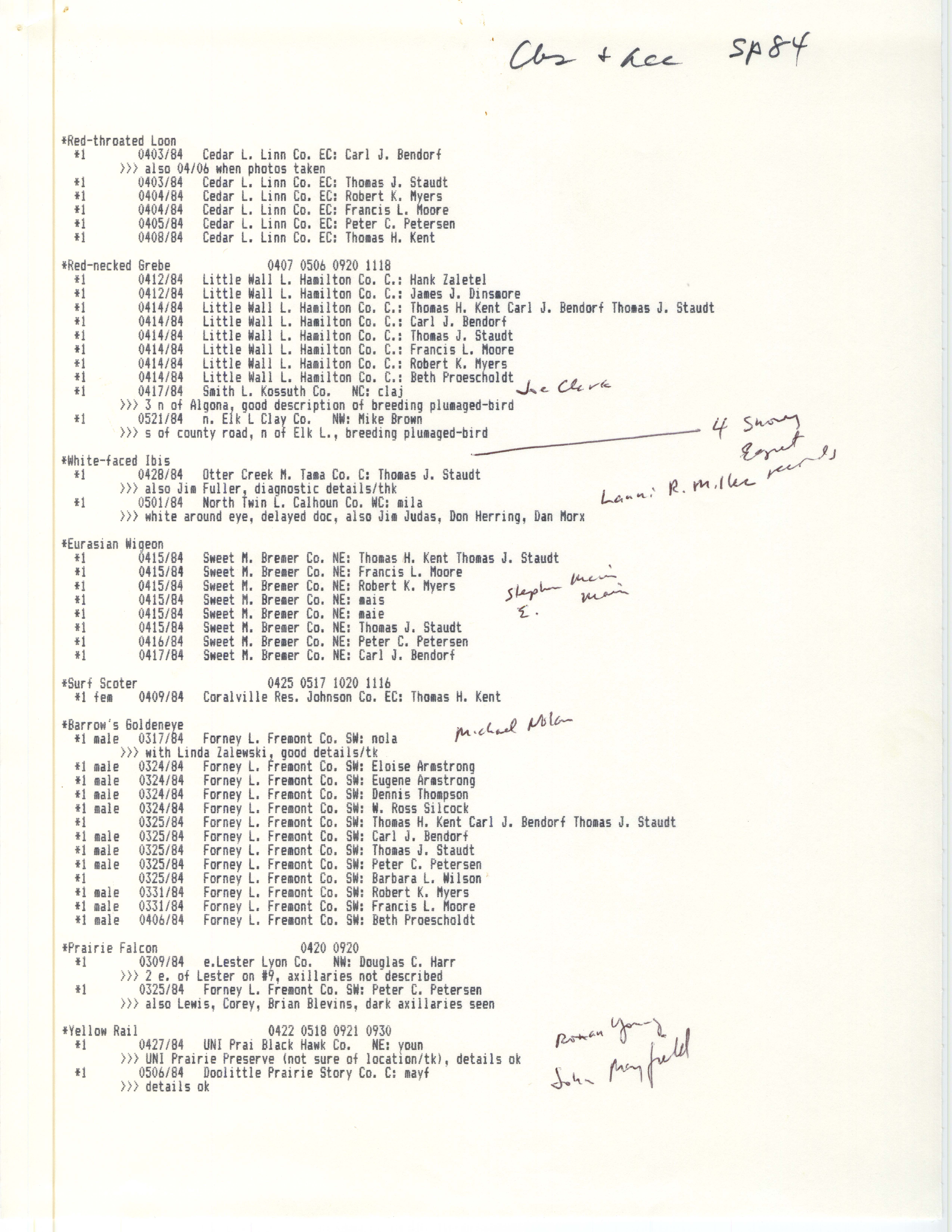 Field reports data, casual and accidental birds, spring 1984