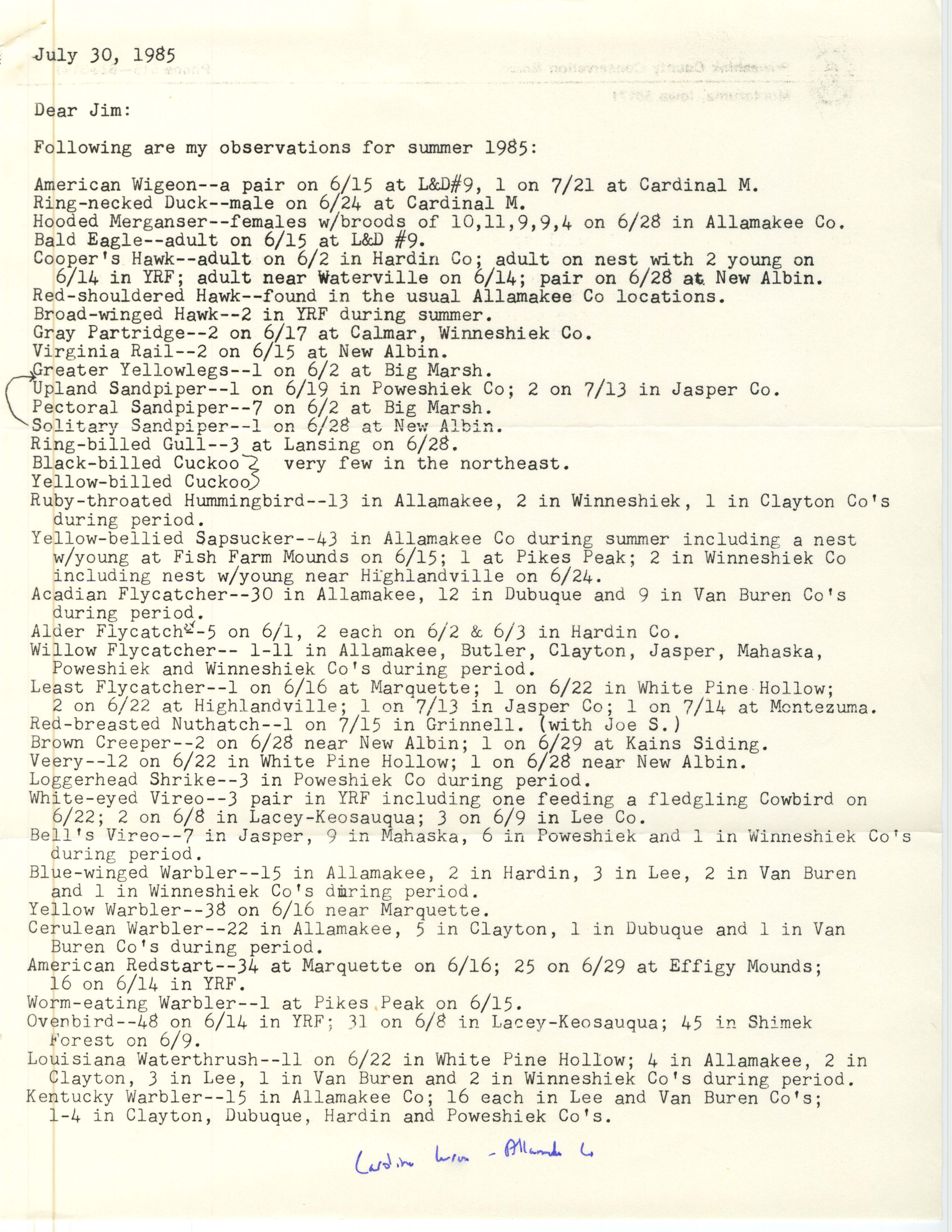Darwin Koenig letter to James J. Dinsmore regarding bird sightings, July 30, 1985