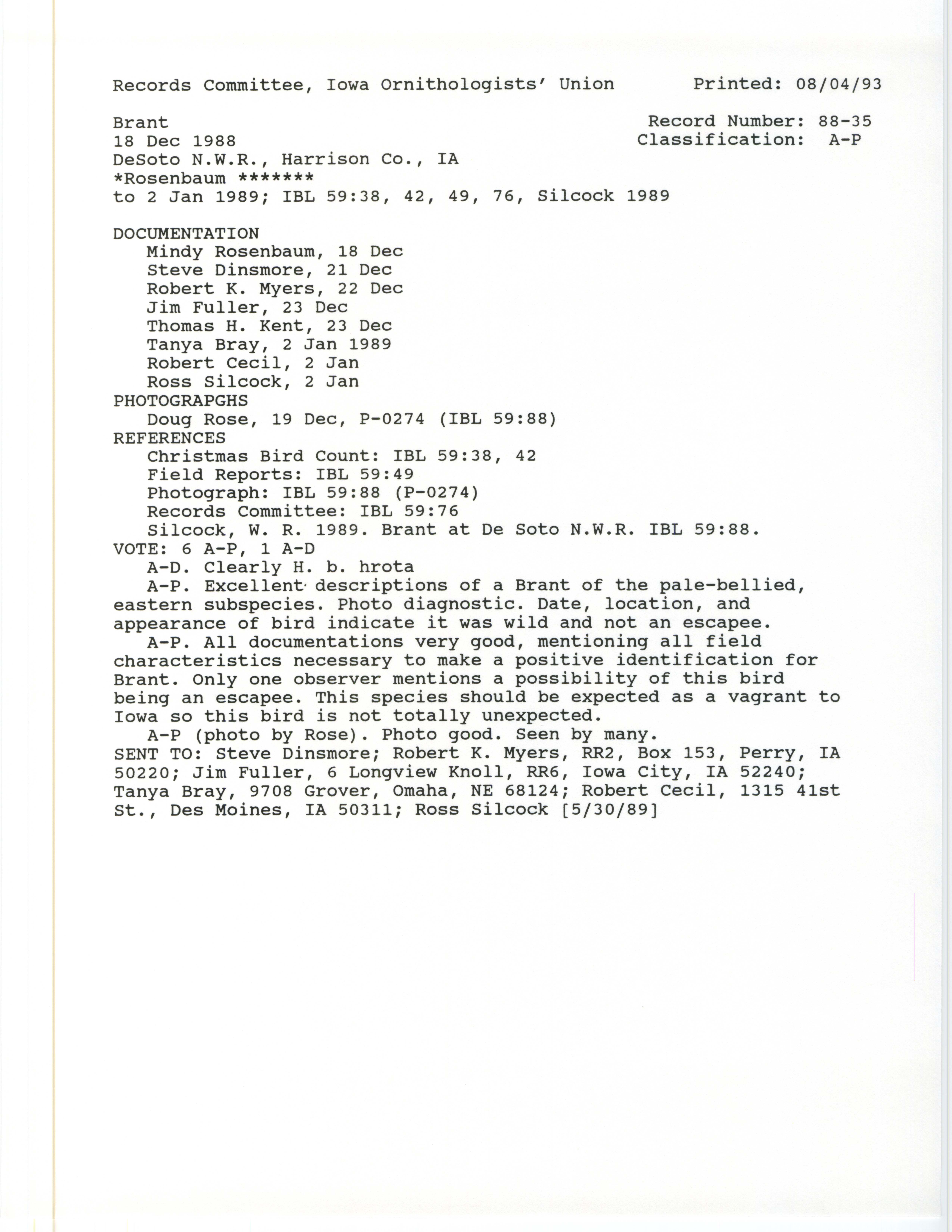 Records Committee review for rare bird sighting of Brant at De Soto National Wildlife Refuge, 1988