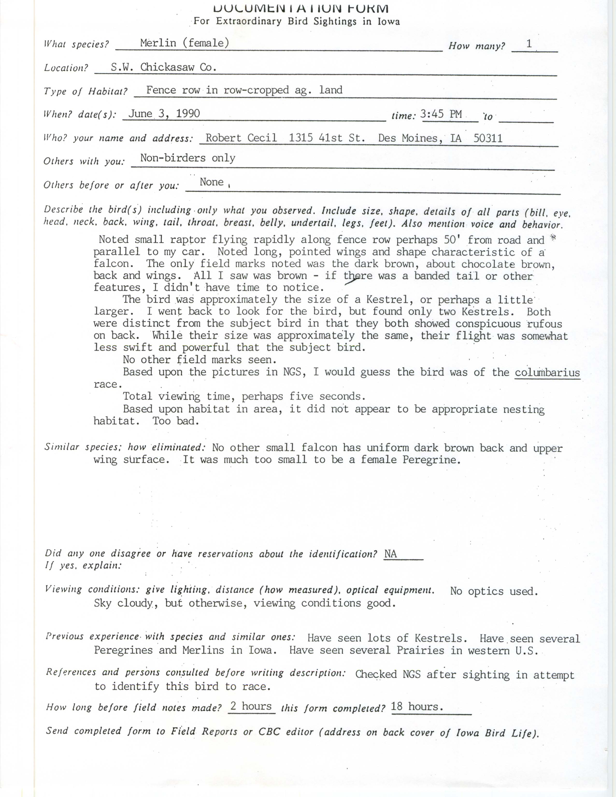 Rare bird documentation form for Merlin at southwest Chickasaw County, 1990