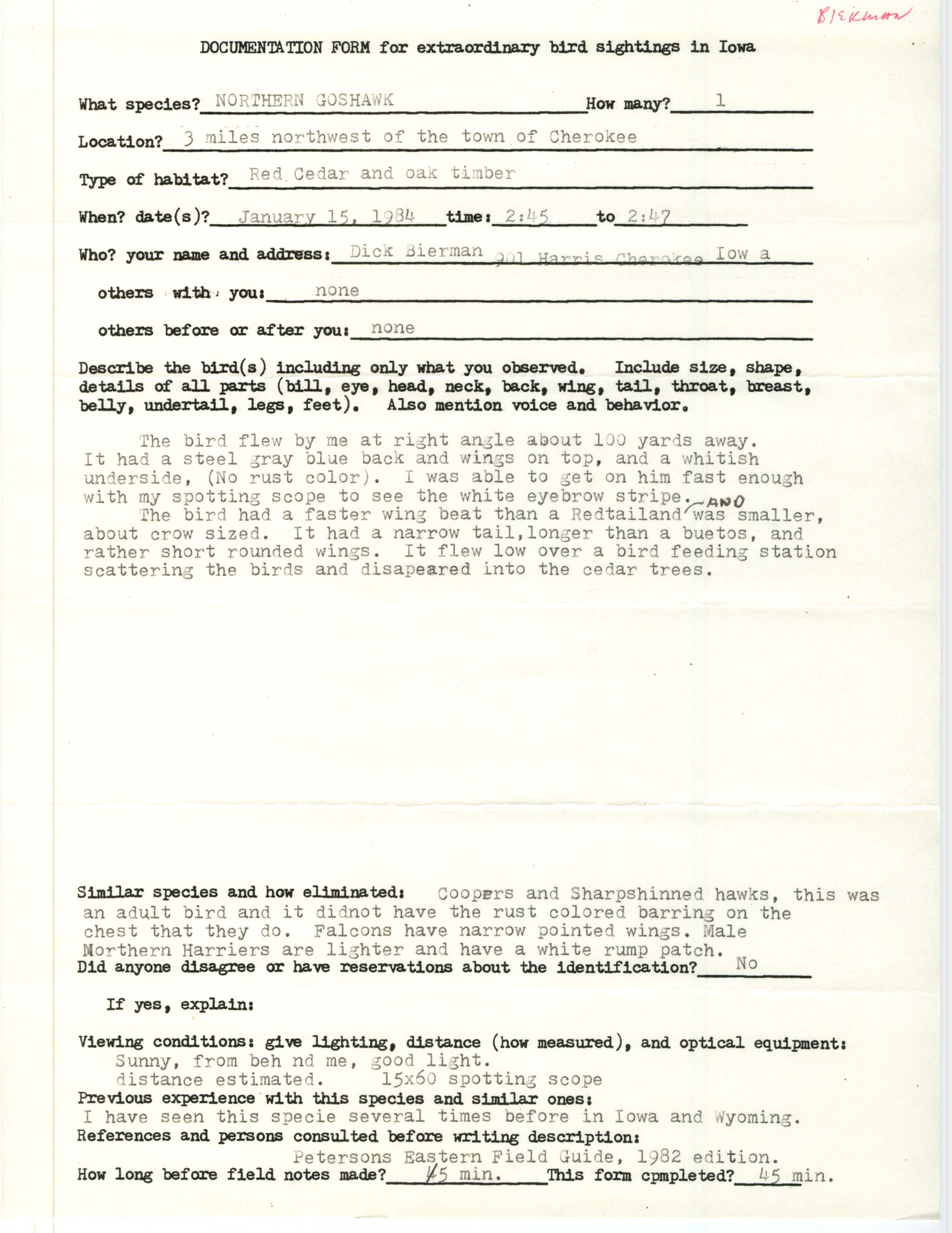 Rare bird documentation form for Northern Goshawk at Cherokee, 1984