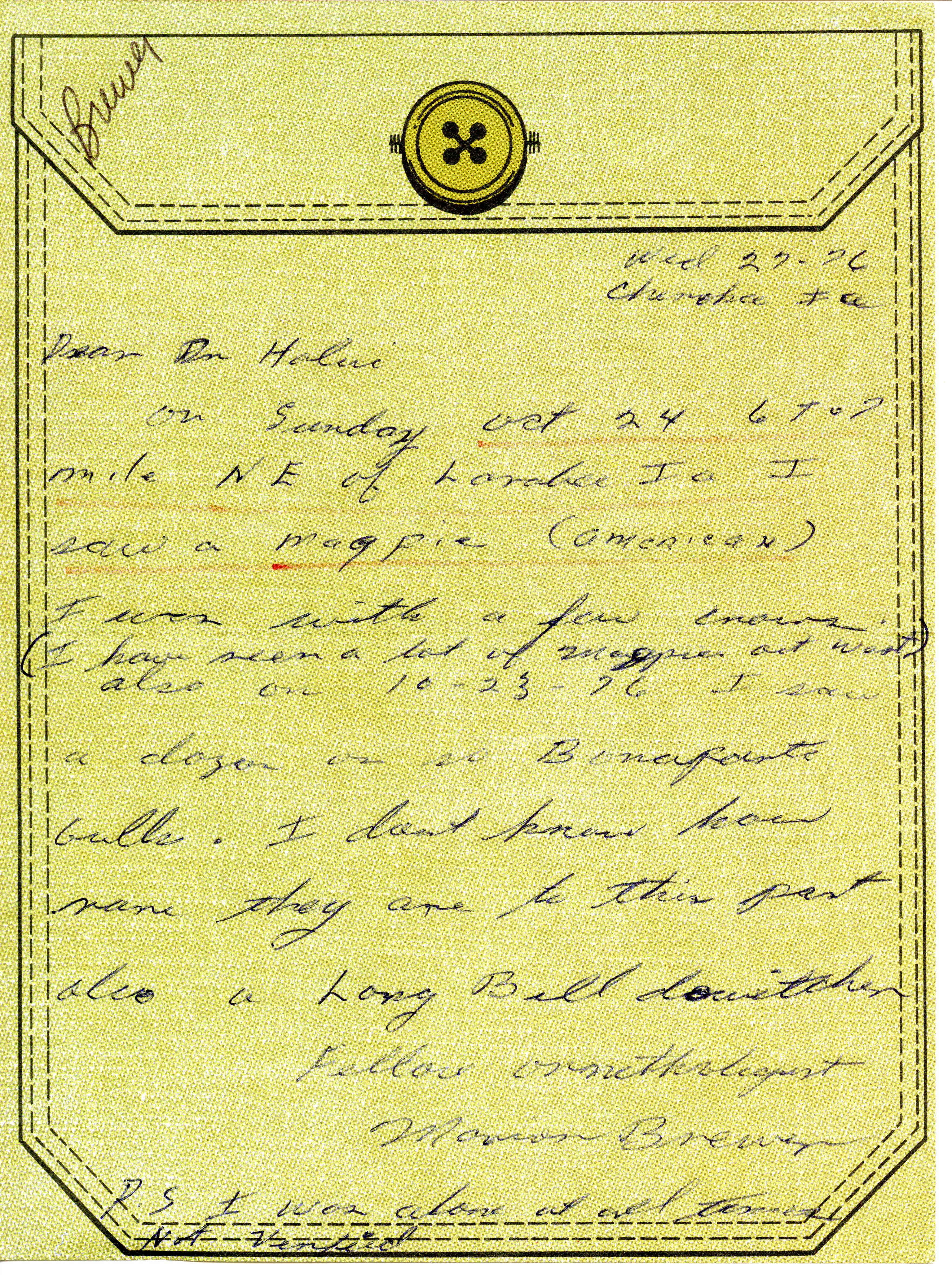 Marion M. Brewer letter to Nicholas S. Halmi regarding fall migration, 1976
