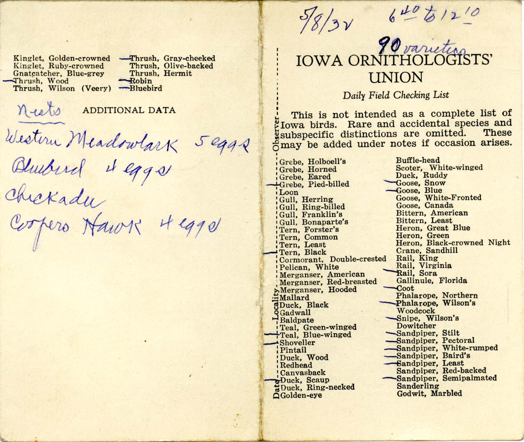 Daily field checking list, Walter Rosene, May 8, 1932 copy