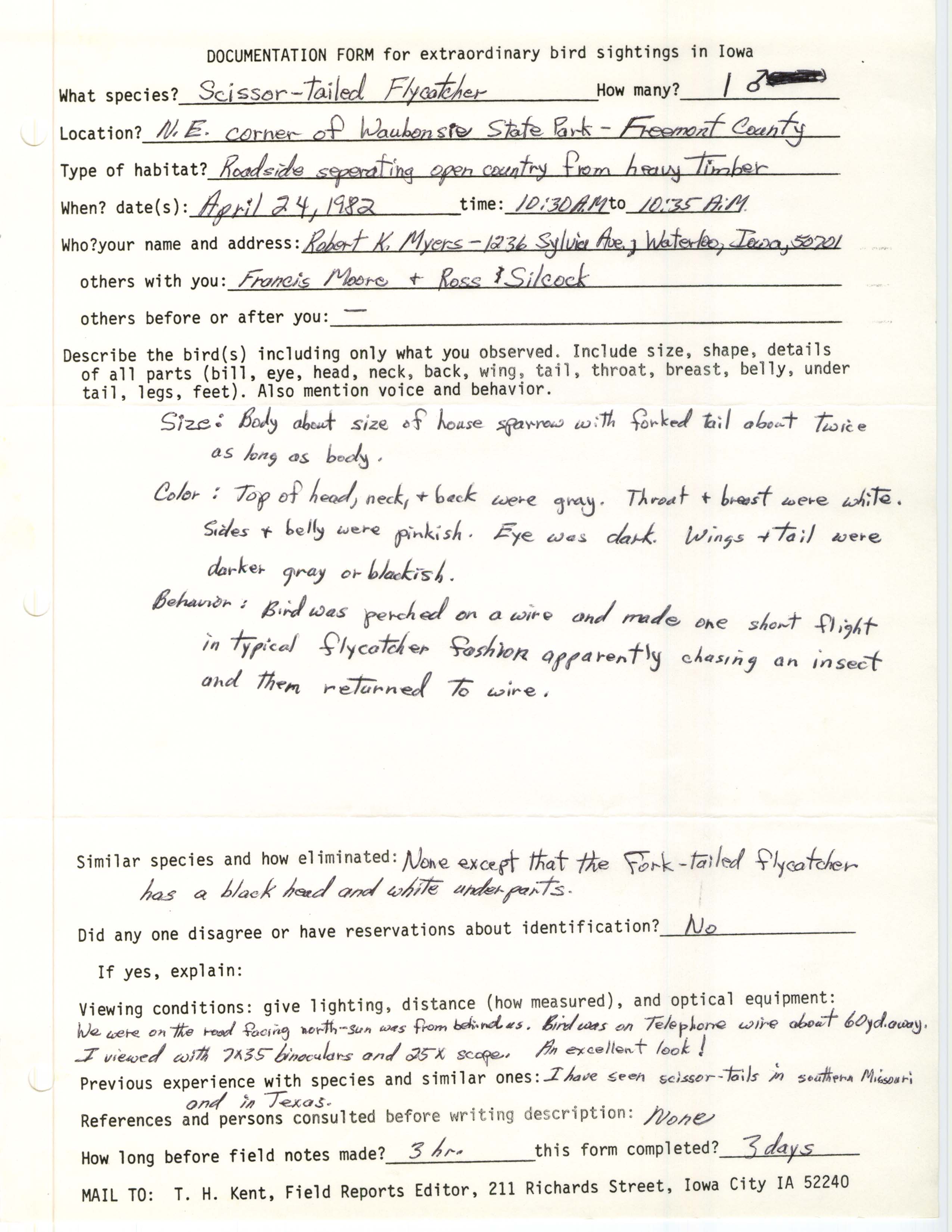 Rare bird documentation form for Scissor-tailed Flycatcher at Waubonsie State Park in 1982
