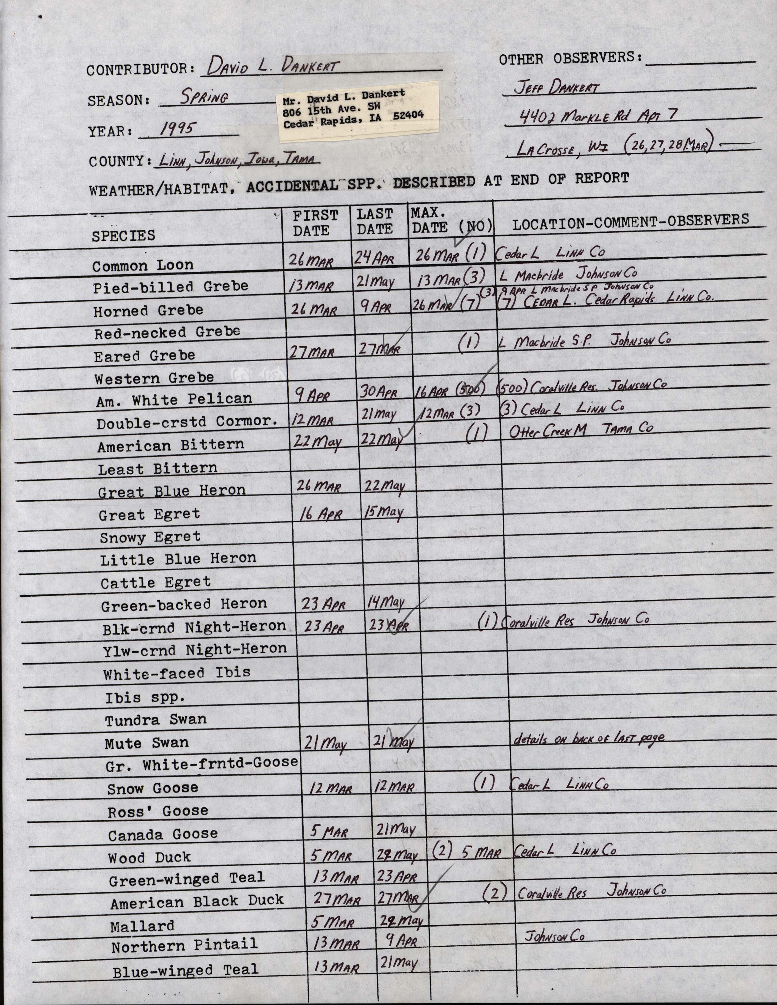 Field reports form for submitting seasonal observations of Iowa birds, spring 1995, David Dankert