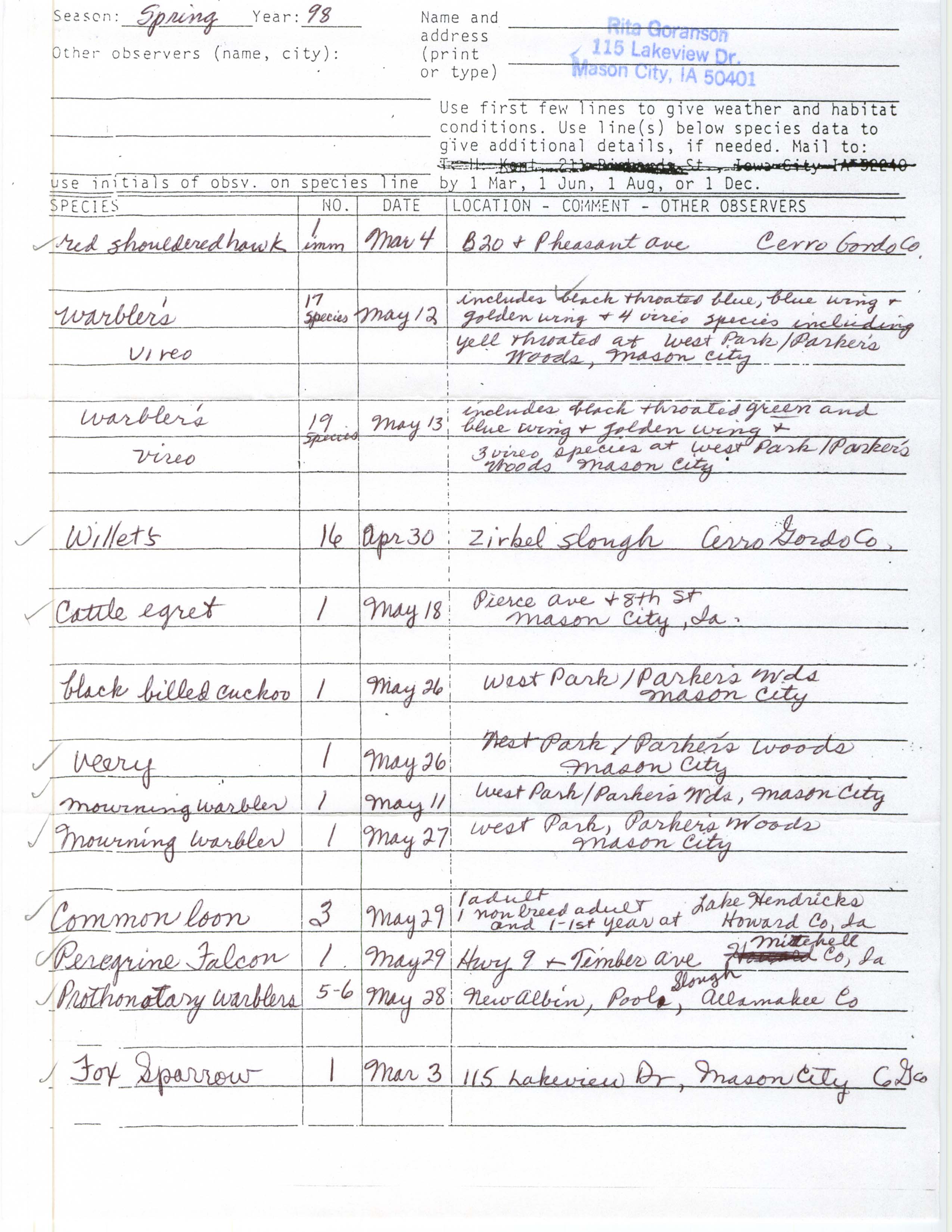 Field reports form for submitting seasonal observations of Iowa birds, Rita Goranson, spring 1998
