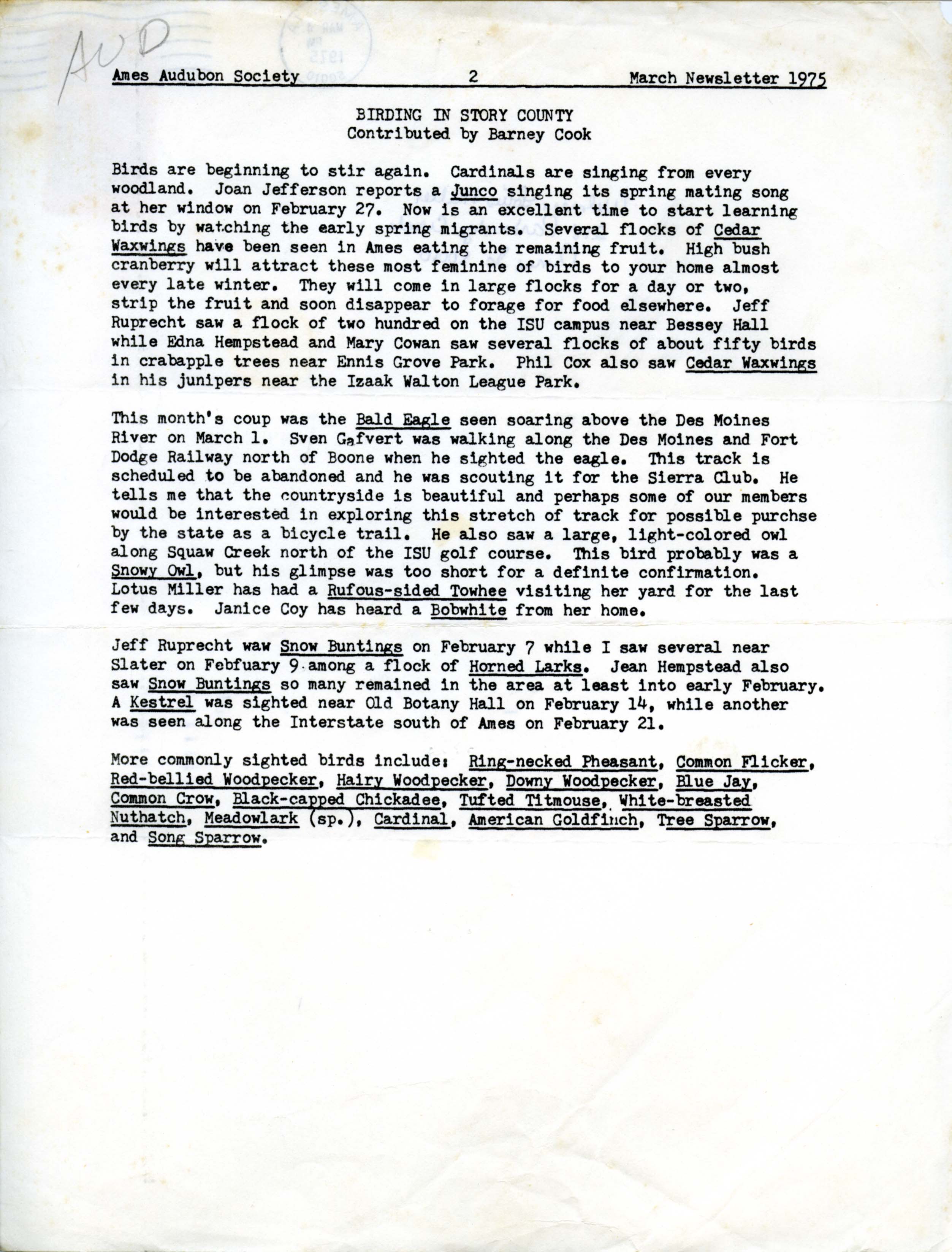Ames Audubon Society March Newsletter, 1975