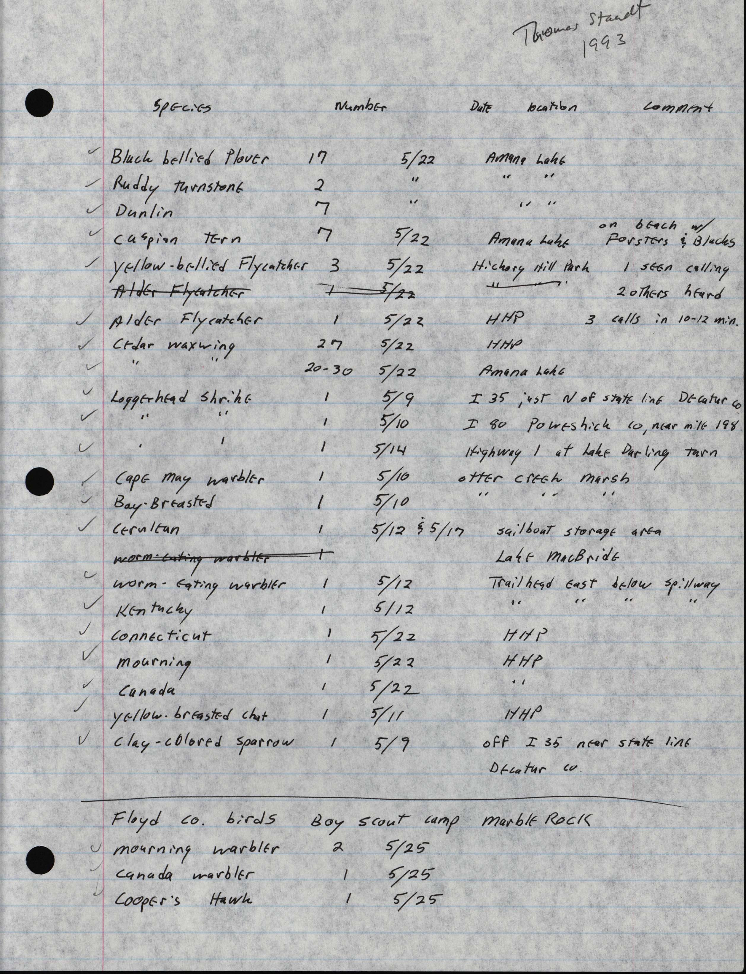 Annotated bird sighting list for Spring 1993 compiled by Thomas Staudt