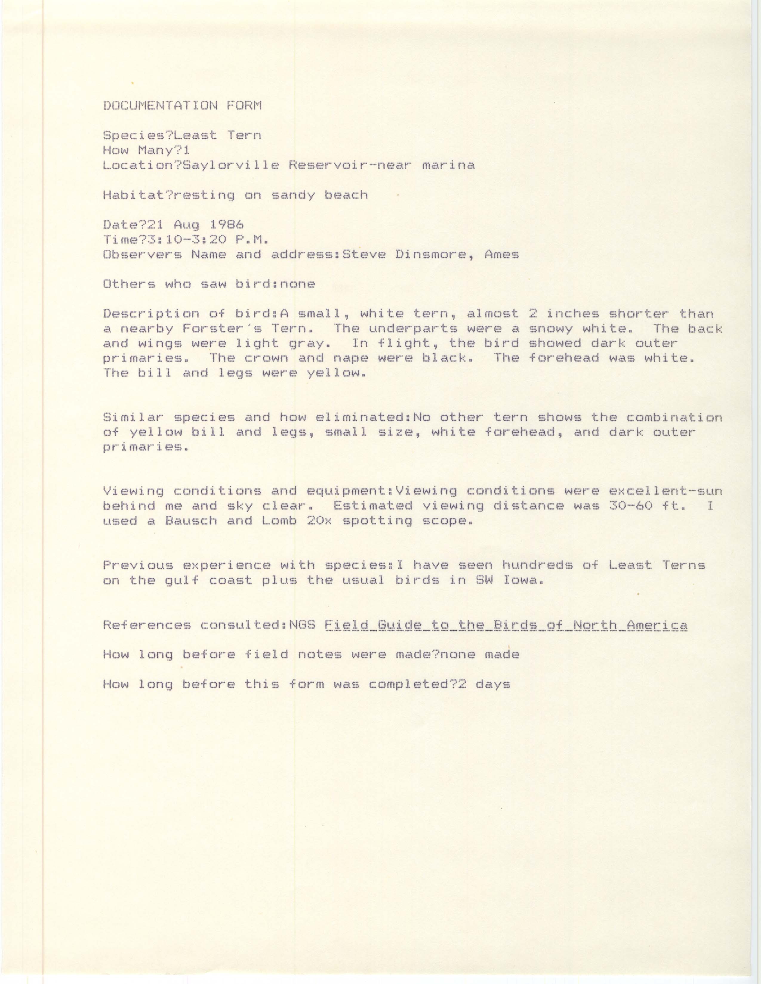 Rare bird documentation form for Least Tern at Saylorville Marina, 1986