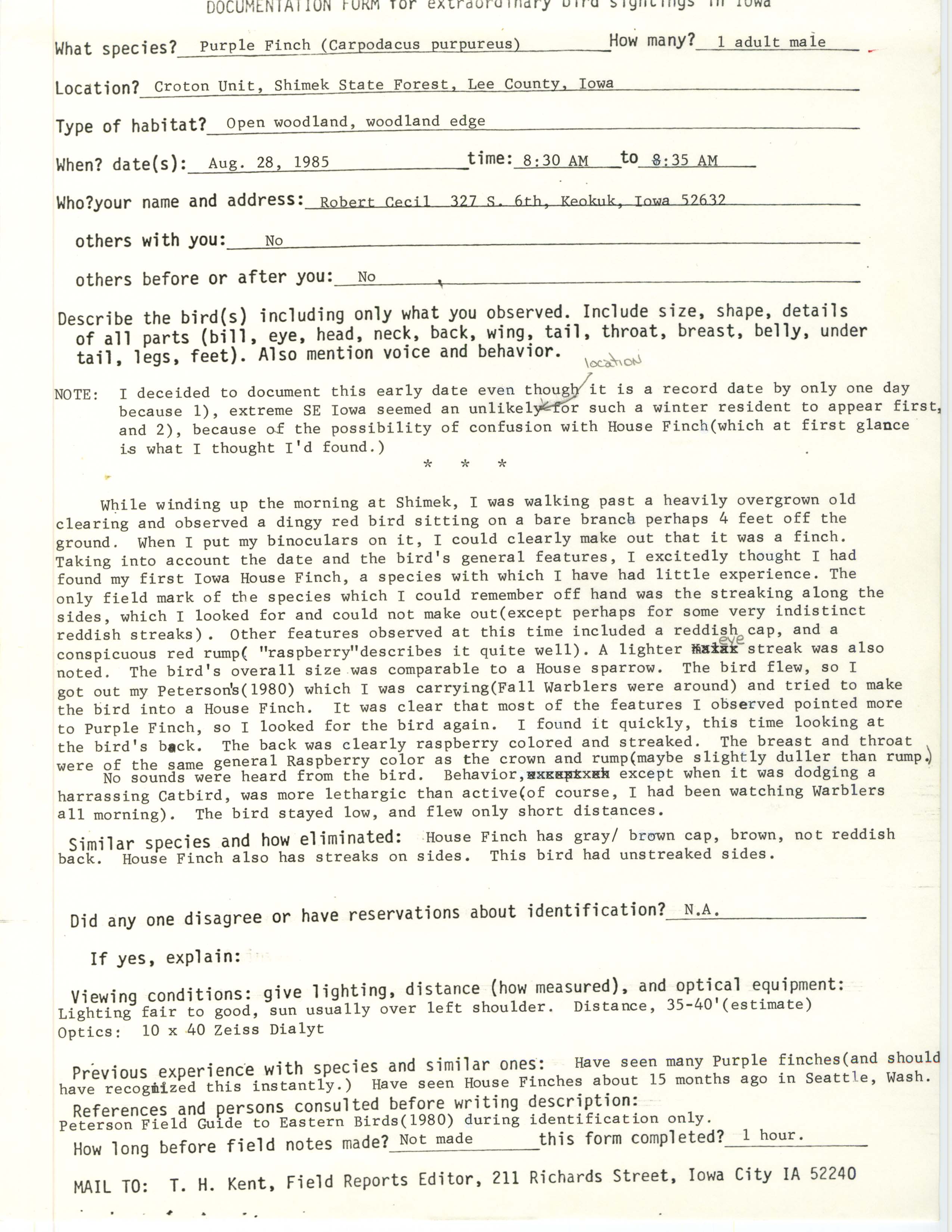 Rare bird documentation form for Purple Finch at the Croton Unit at Shimek State Forest, 1985
