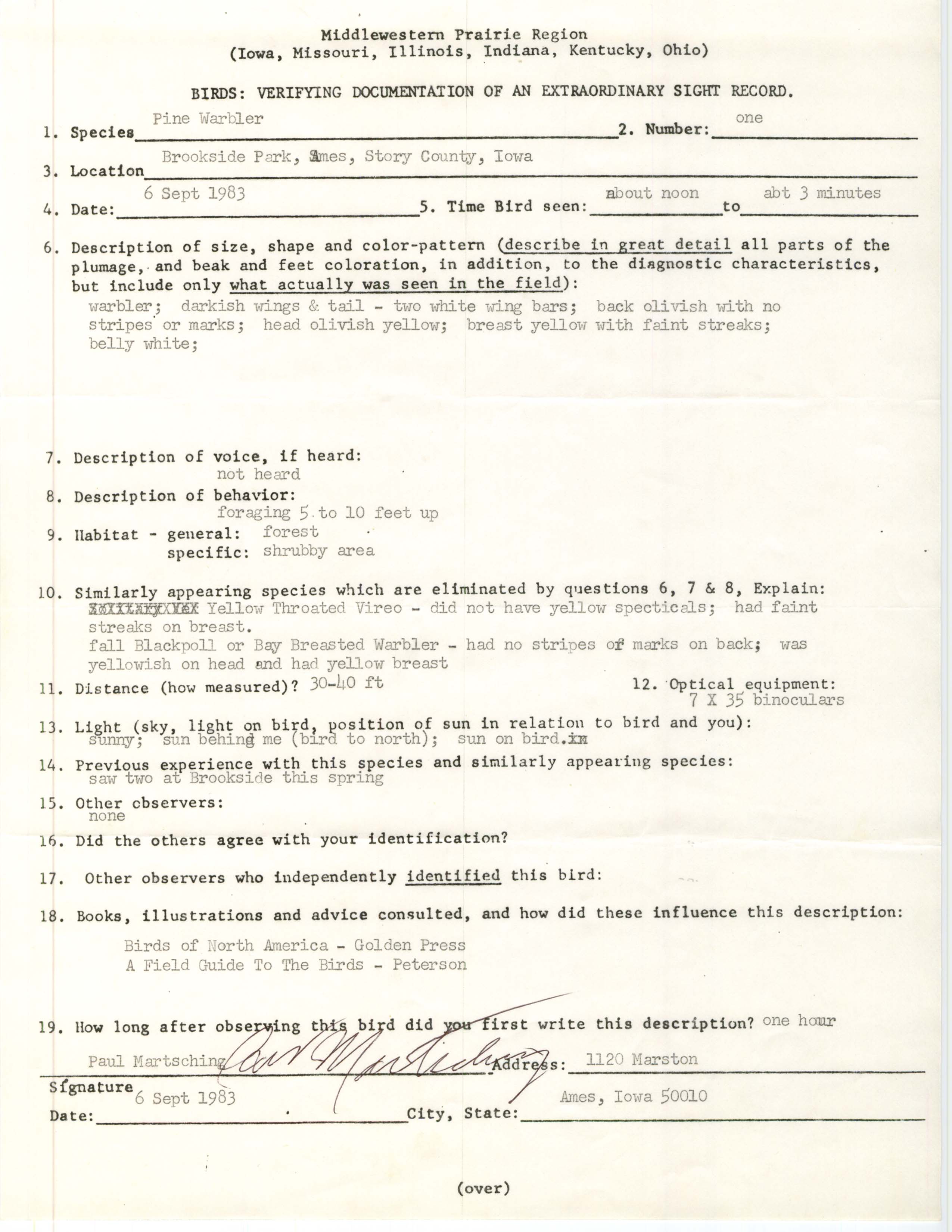 Rare bird documentation form for Pine Warbler at Brookside Park in Ames, 1983