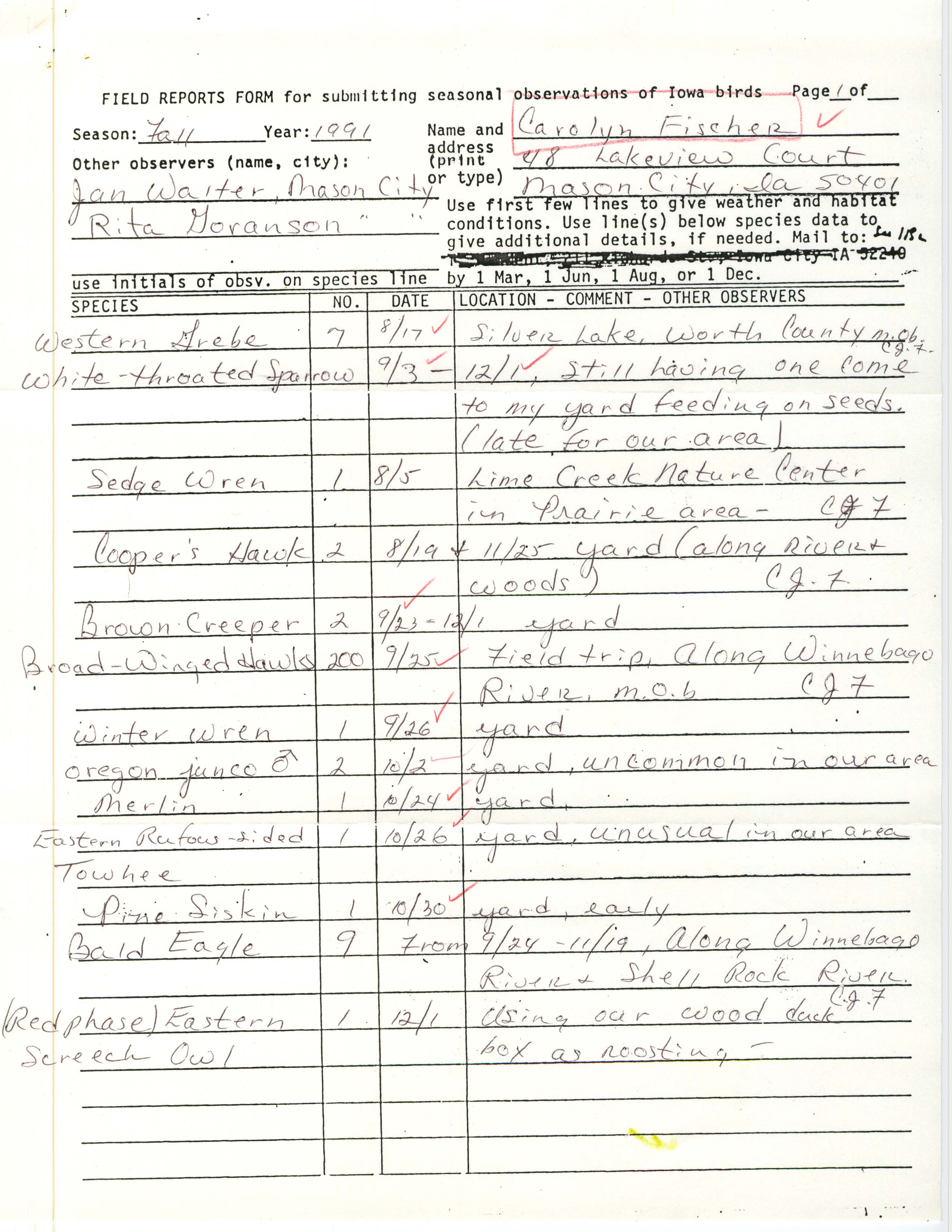 Field reports form for submitting seasonal observations of Iowa birds, Carolyn J. Fischer, fall 1991