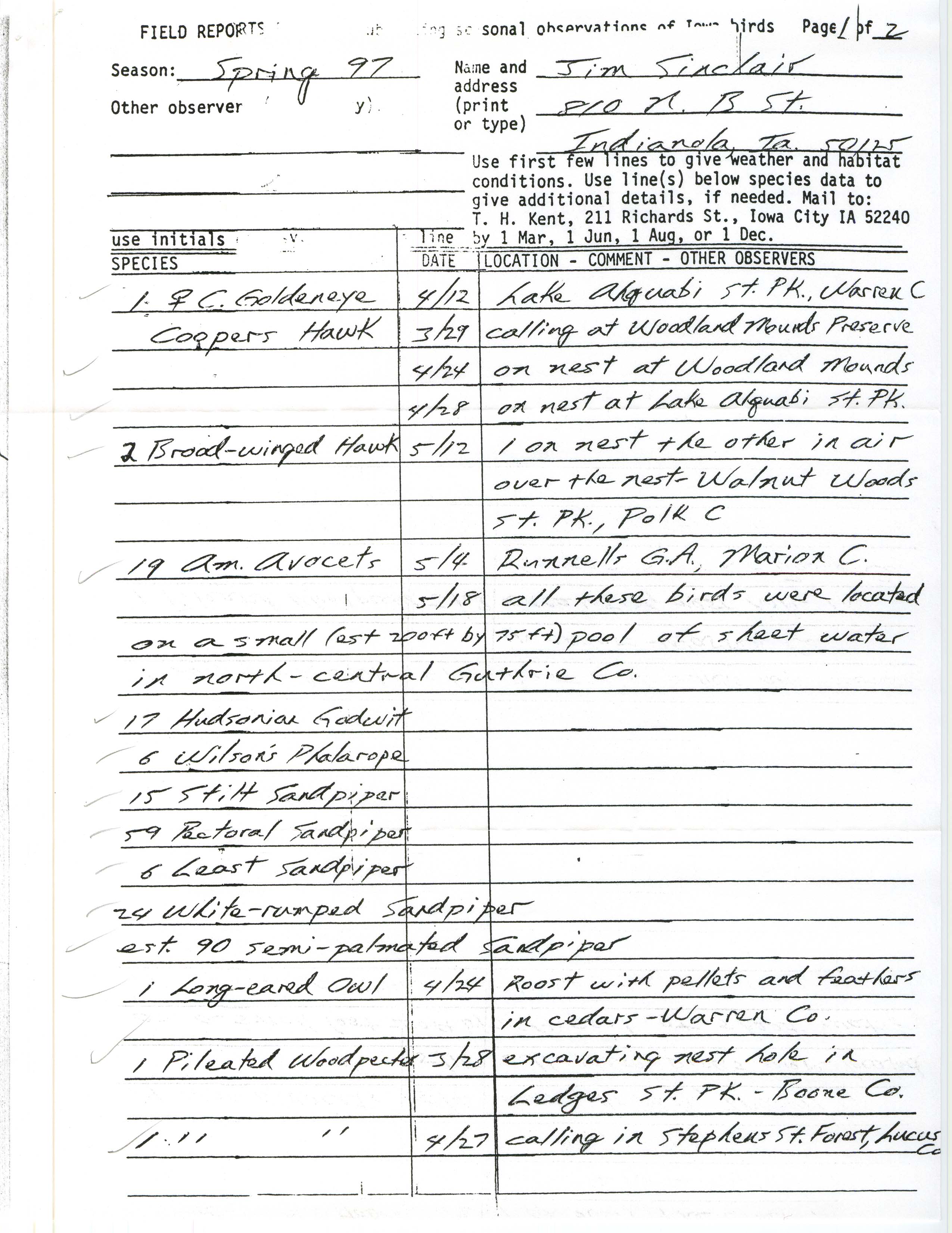 Field reports form for submitting seasonal observations of Iowa birds, Jim Sinclair, spring 1997