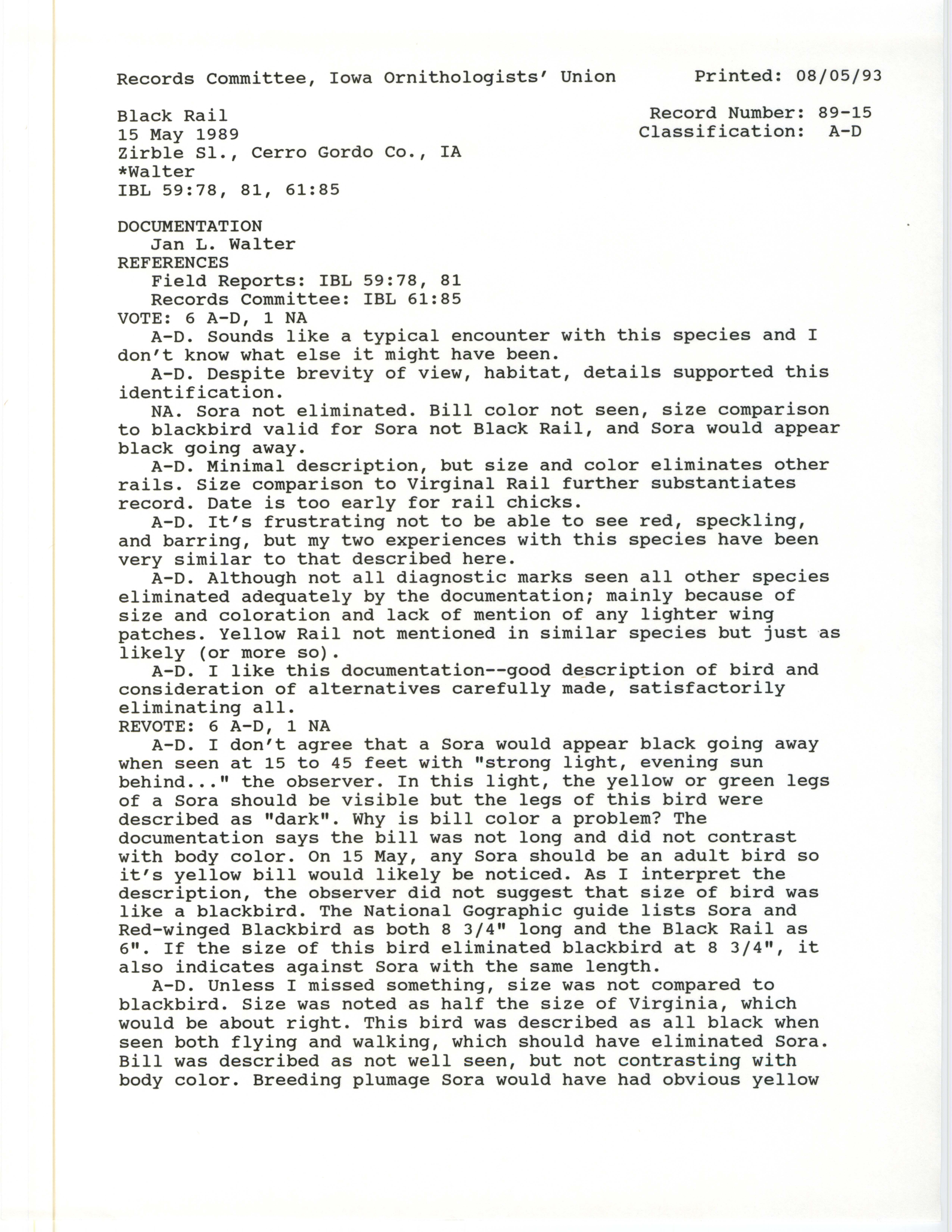 Records Committee review for rare bird sighting of Black Rail at Zirbel Slough, 1989