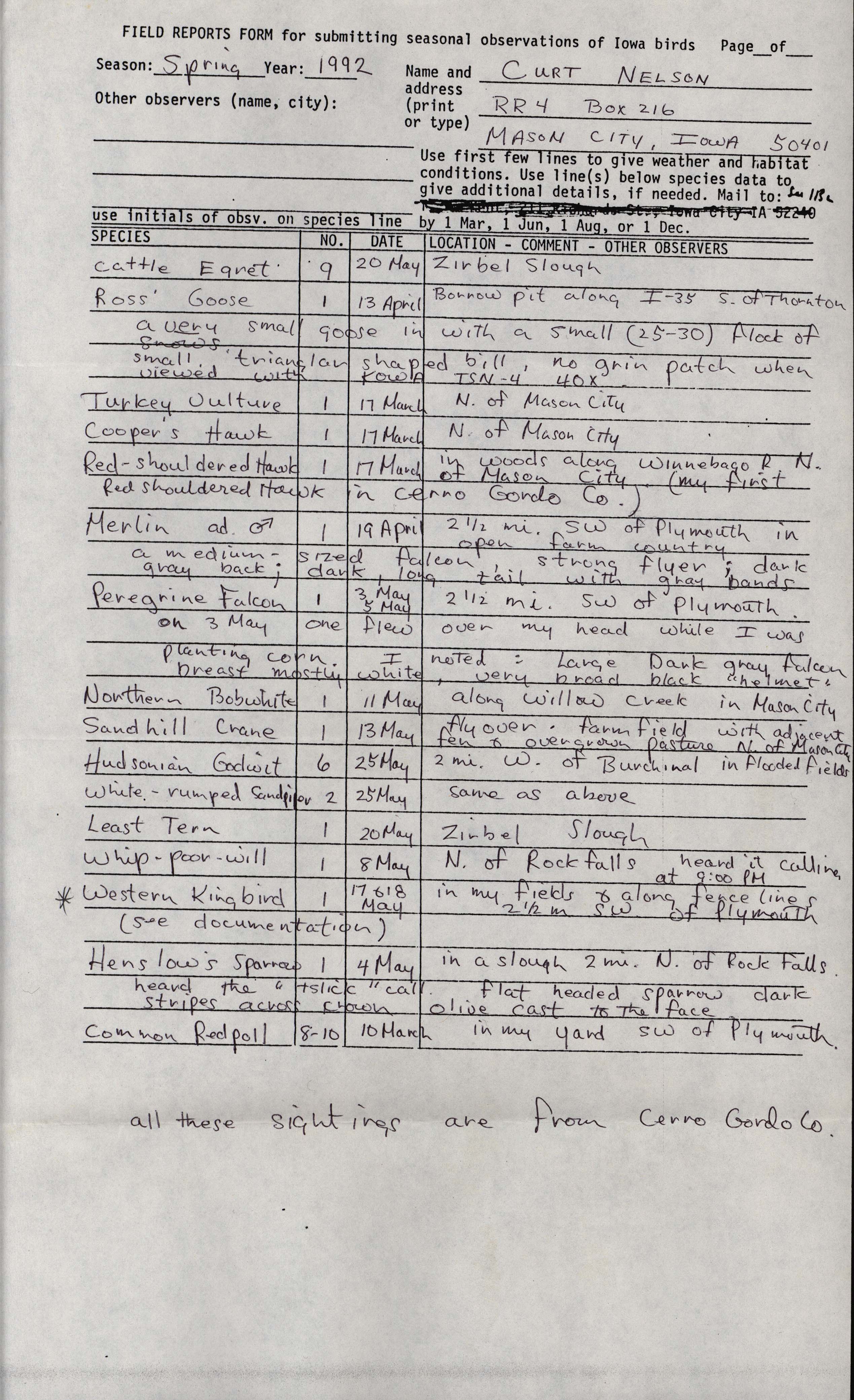Field reports form for submitting seasonal observations of Iowa birds, Curtis Nelson, spring 1992