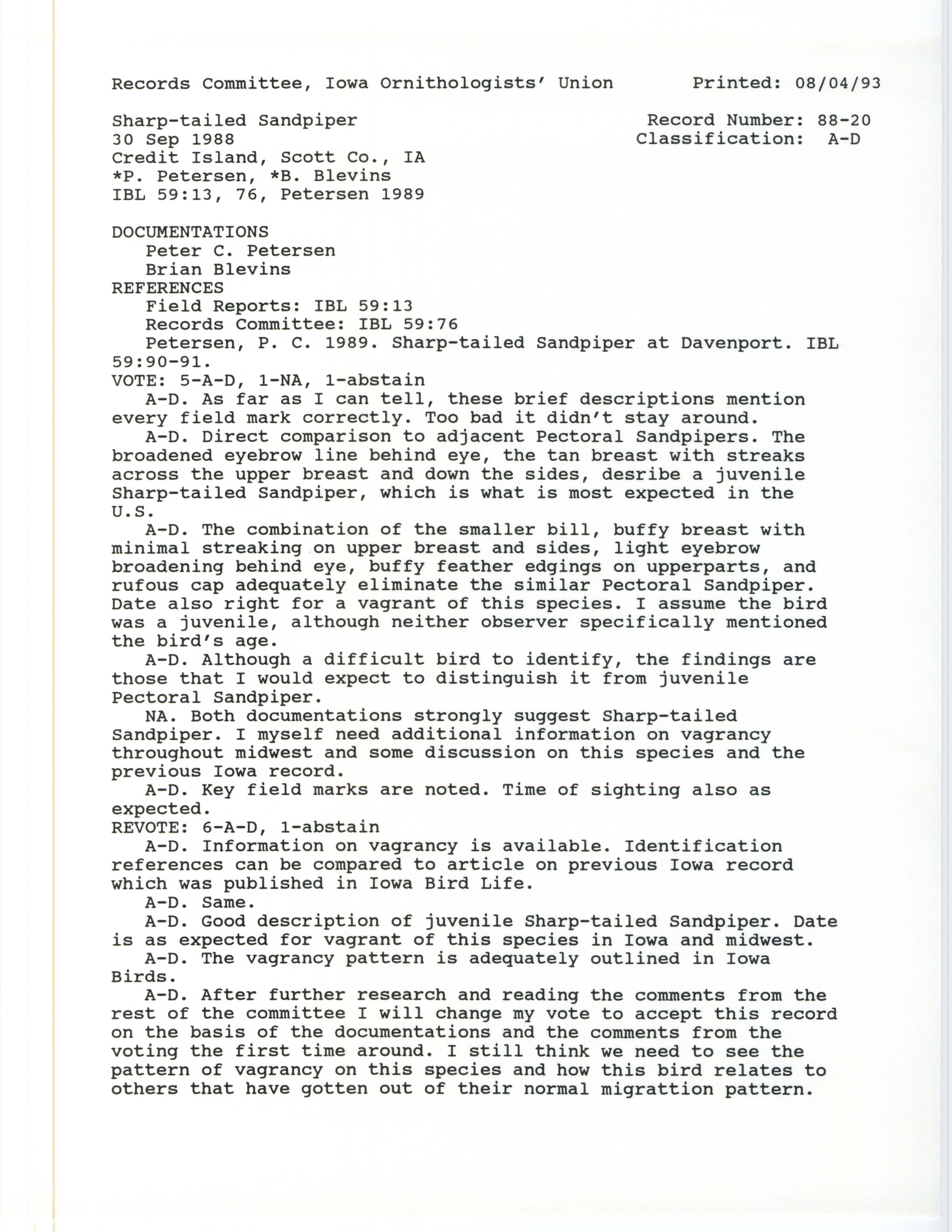 Records Committee review for rare bird sighting of Sharp-tailed Sandpiper at Credit Island, 1988