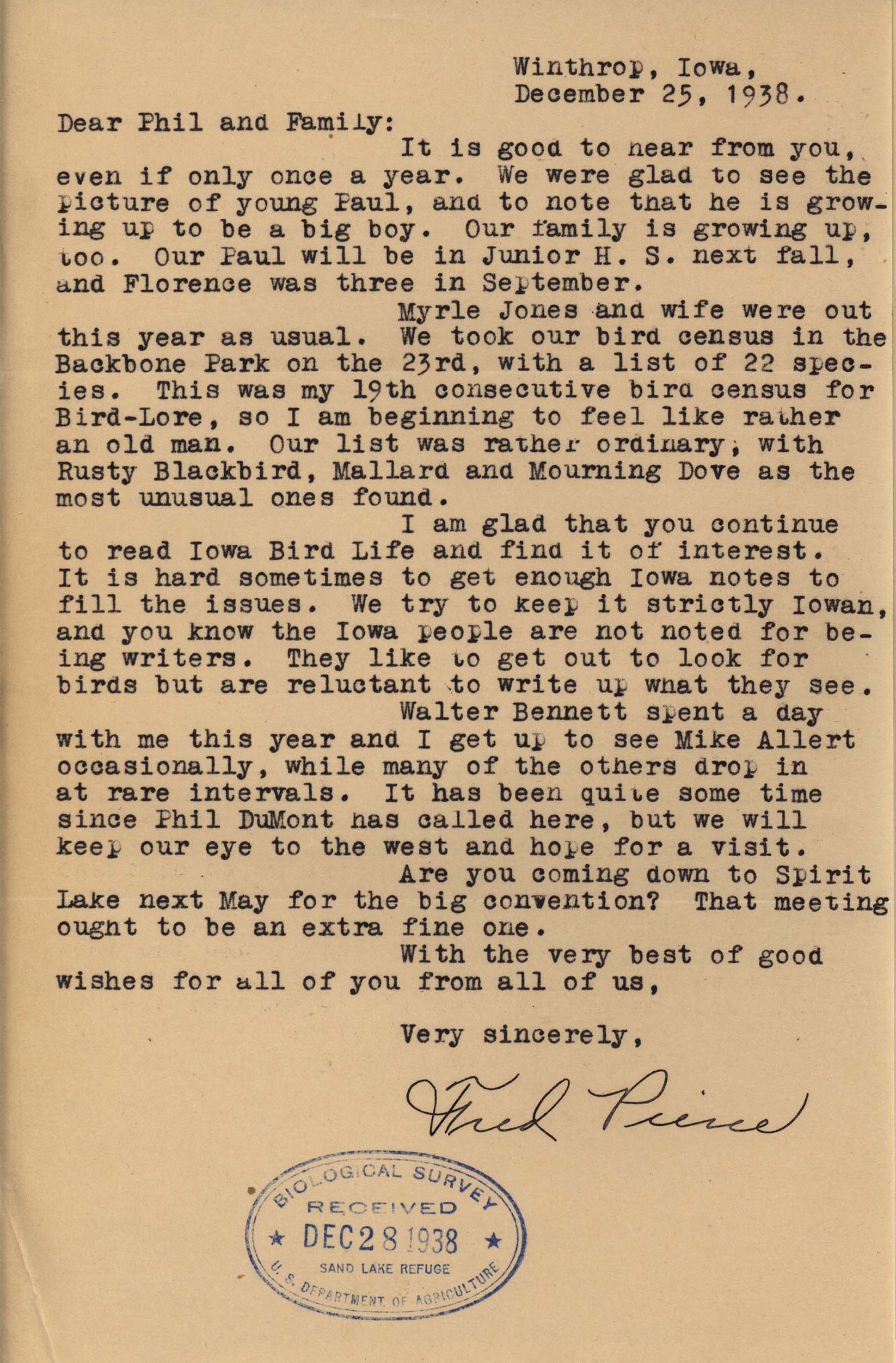 Fred Pierce letter to Philip DuMont regarding Christmas bird census, December 25, 1938