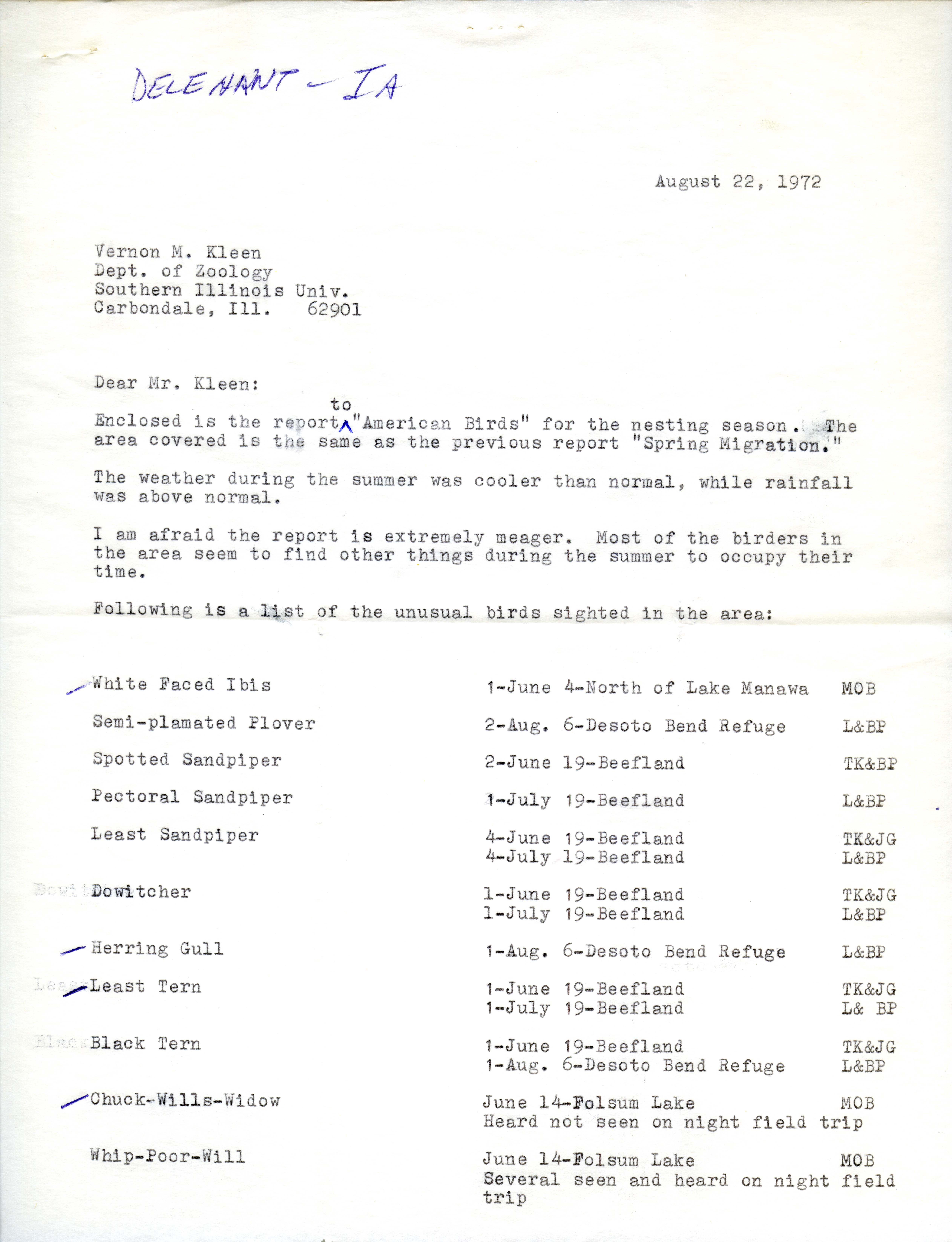 James Delehant letter to Vernon M. Kleen regarding unusual birds sighted during nesting season, August 22, 1972
