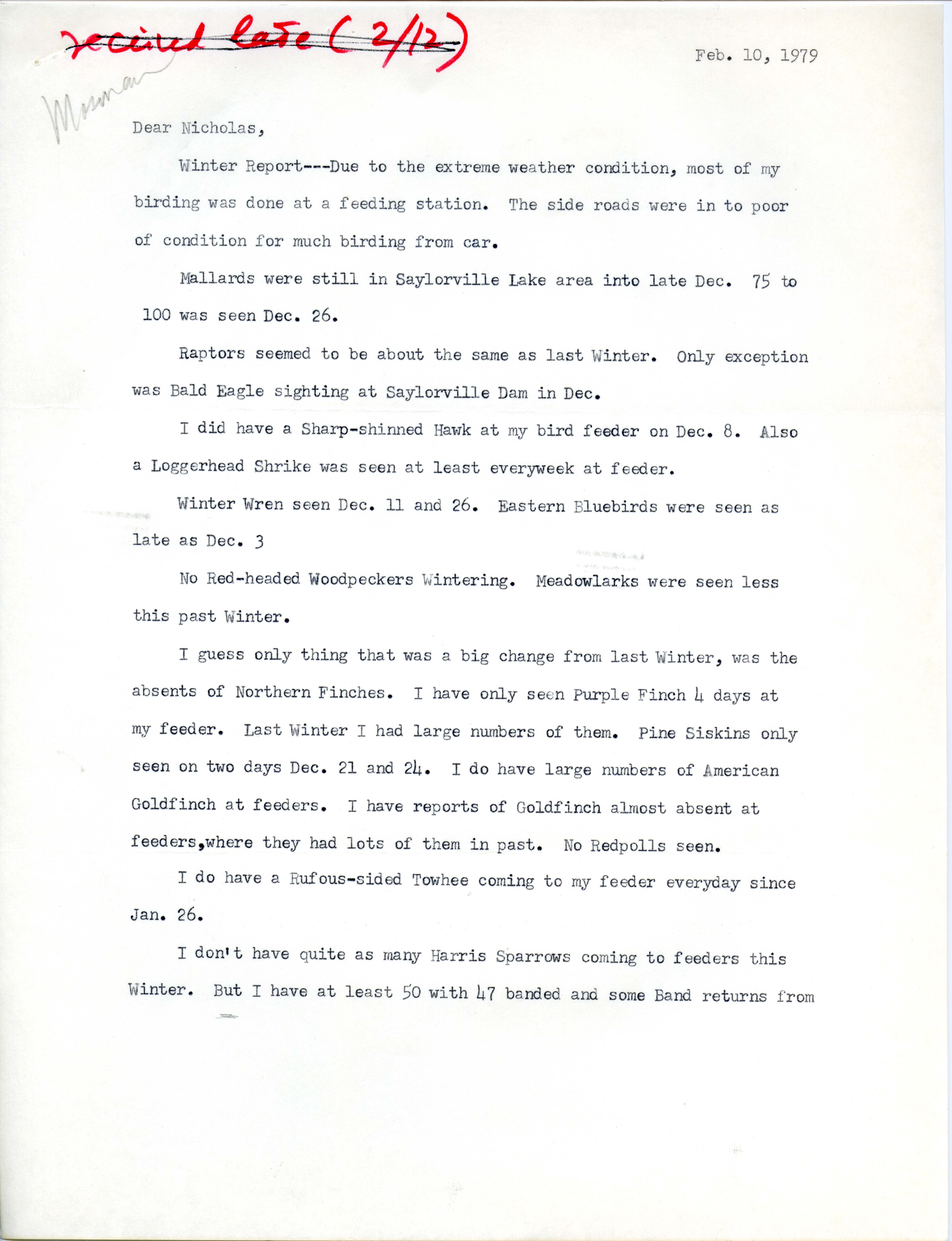 Dean Mosman letter to Nicholas S. Halmi regarding winter bird sightings, February 10, 1979