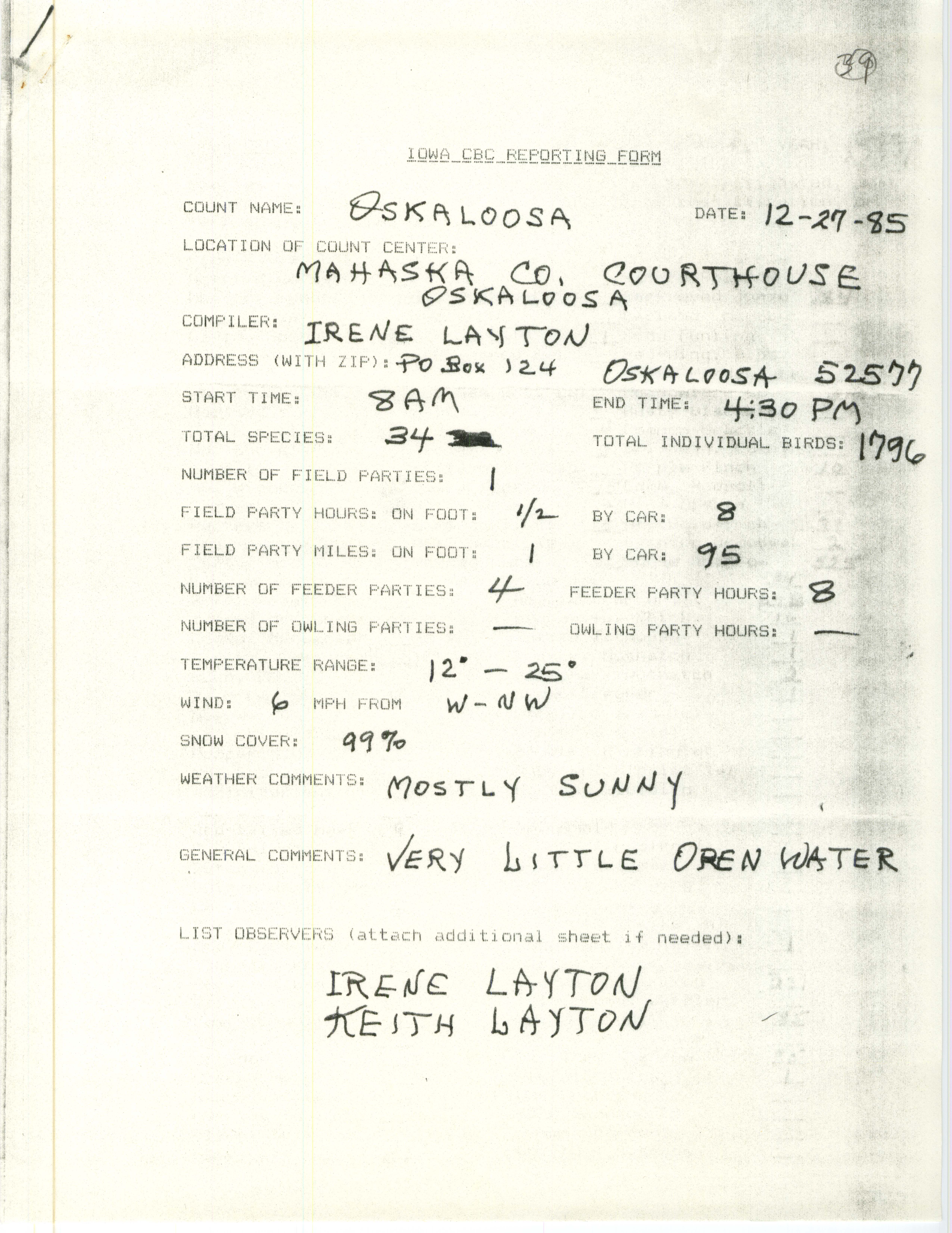 Iowa CBC reporting form, Oskaloosa, December 27, 1985