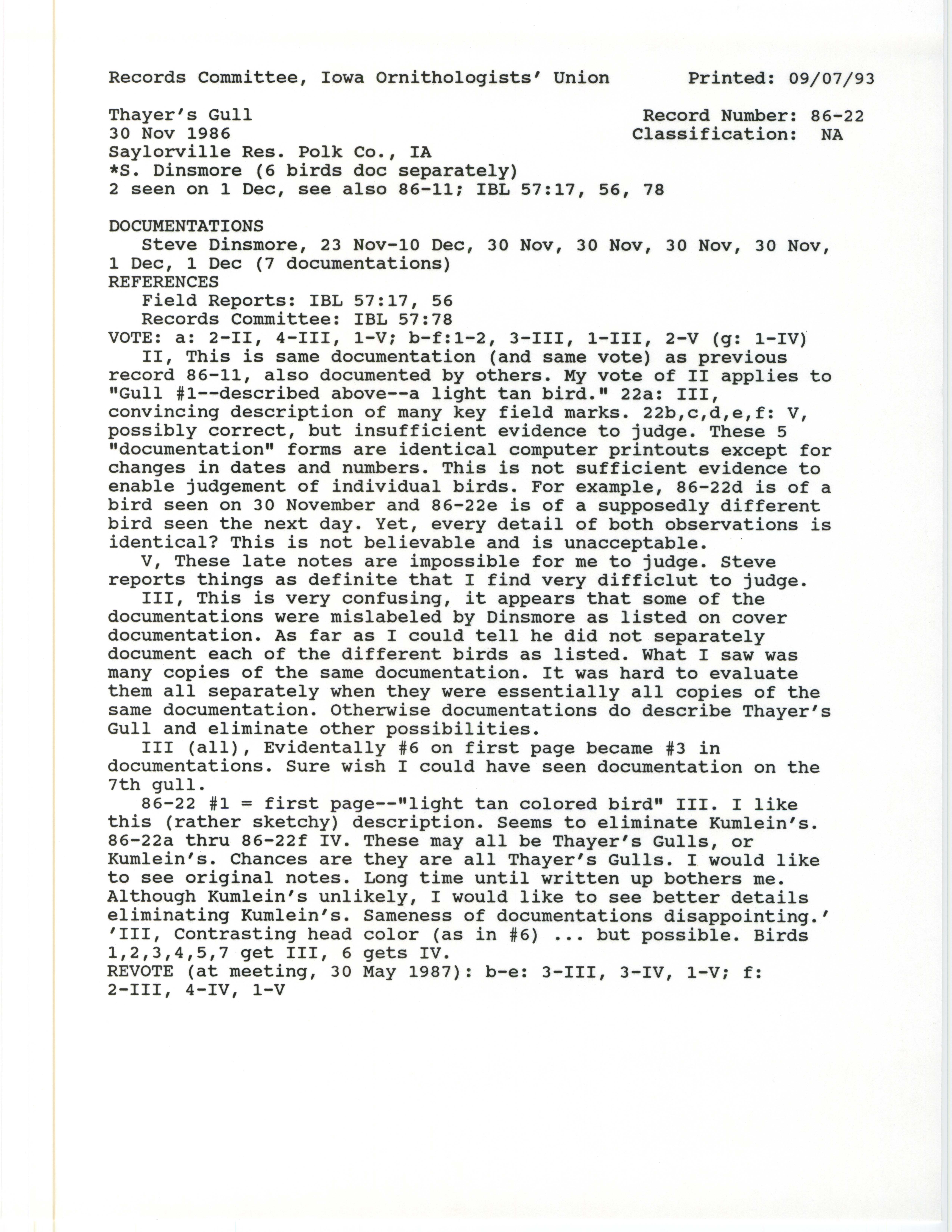 Records Committee review for rare bird sighting of Thayer's Gull near Saylorville Reservoir Dam and Oak Grove Beach, 1986