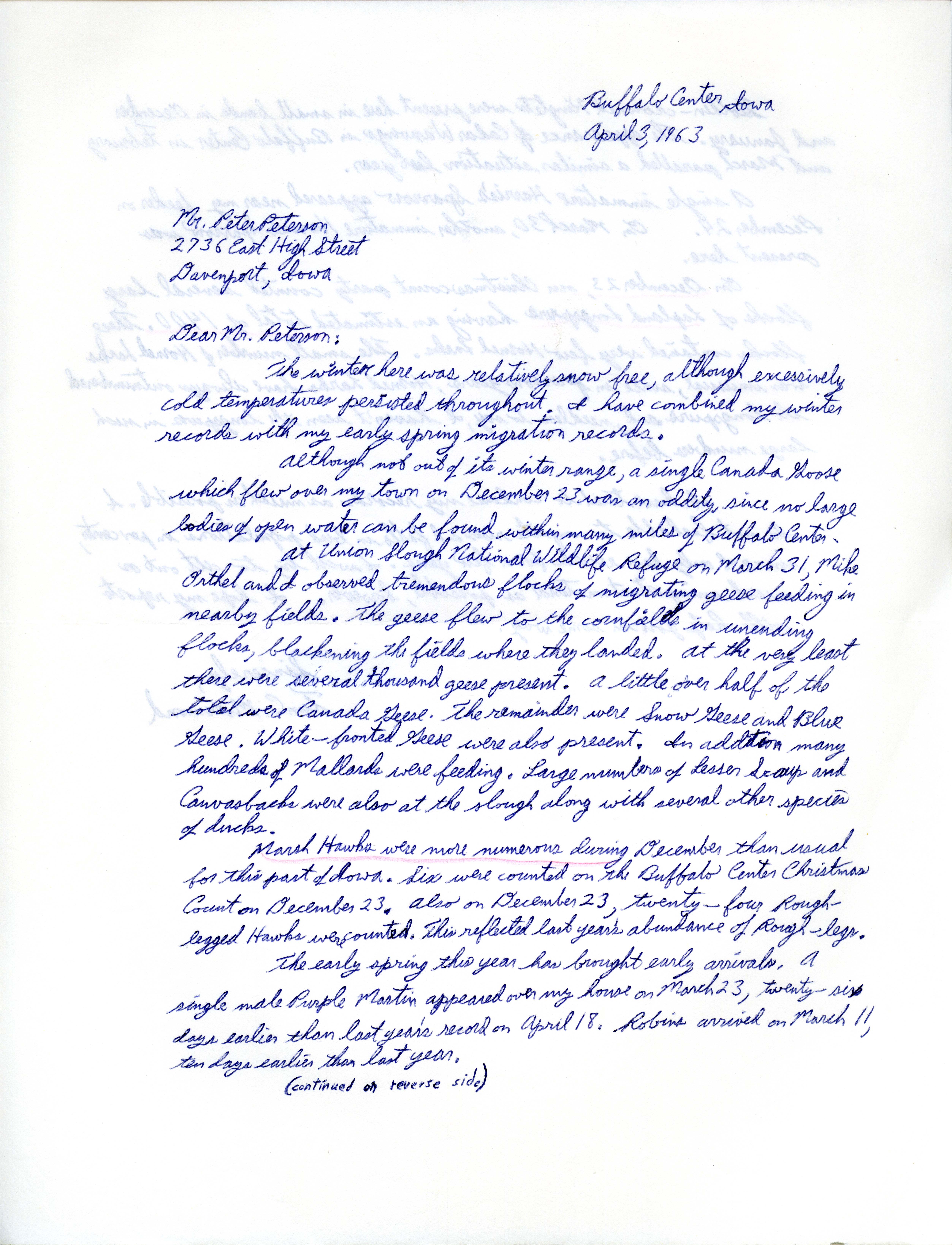 Tim C. Moermond letter to Peter C. Petersen regarding field notes, winter 1963